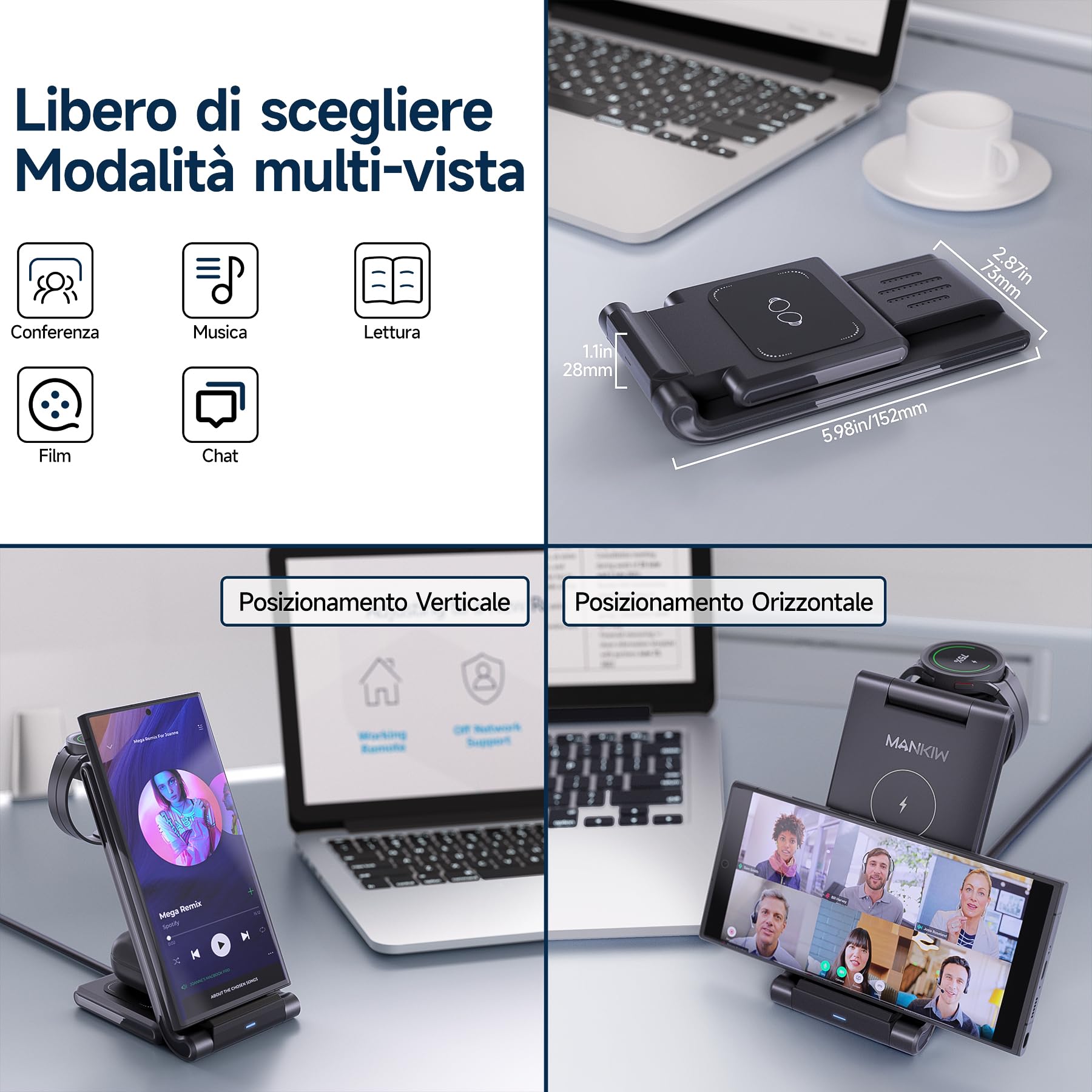 Stazione Ricarica per Samsung, MANKIW Pieghevole 3 in 1 Base Ricarica Wireless per Samsung S25/S24/S23/S22/S21/S20, Z Fold 6/5/4/3, Note20/10 Ultra, Watch 7/6/5/4/3/Active, Buds2/+/Pro/Live