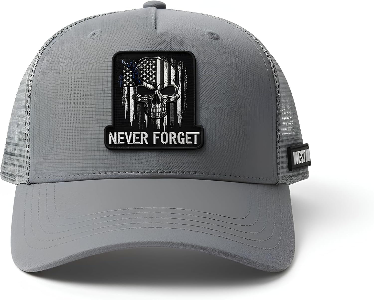 WEST AM Never Forget Trucker Hat - 3D Embroidered Skull Thin Blue Line American Flag Patch - Patriotic Snapback Cap for Men - Police Military Veteran Gift