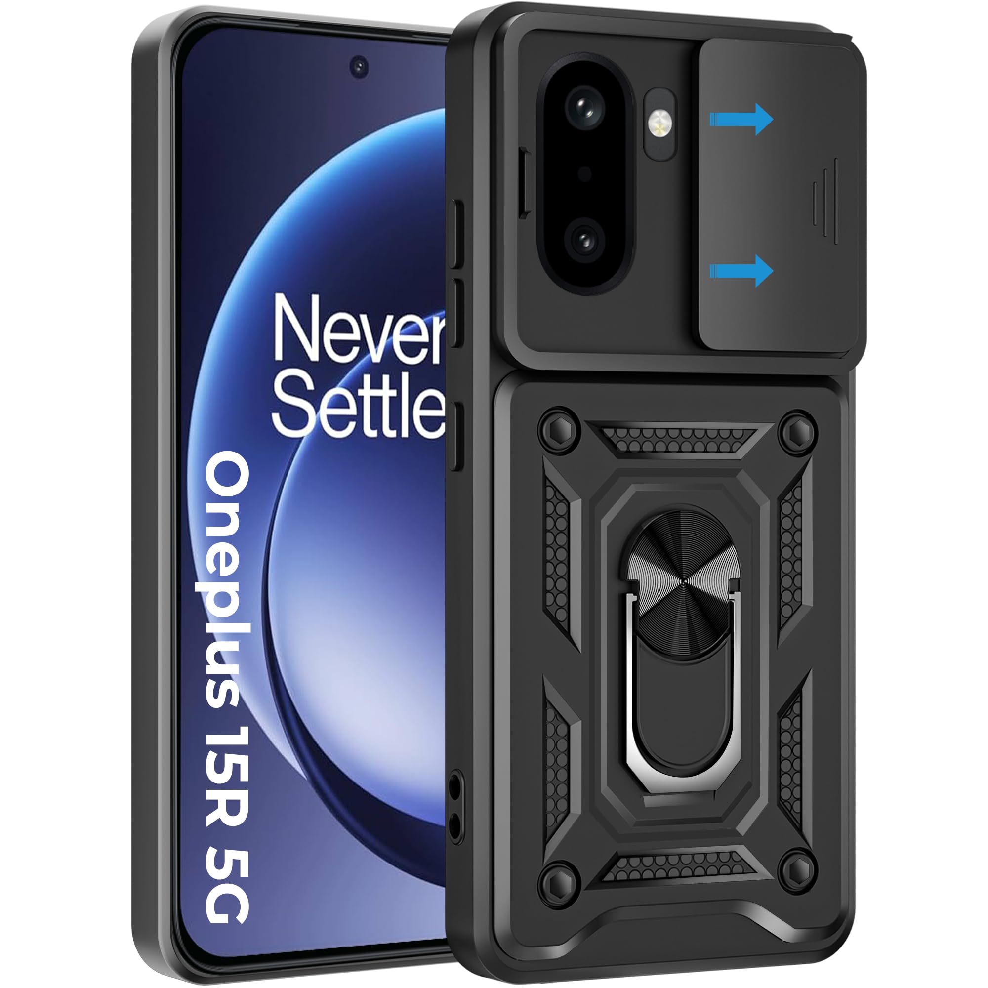A rtistque Armor Bumper Back Case Cover for OnePlus 15R 5G | Stylish Ring Holder & Inbuilt Stand | Sliding Camera Cover | Shockproof TPU Protective Design | OnePlus 15R Back Cover - Black-picture-47