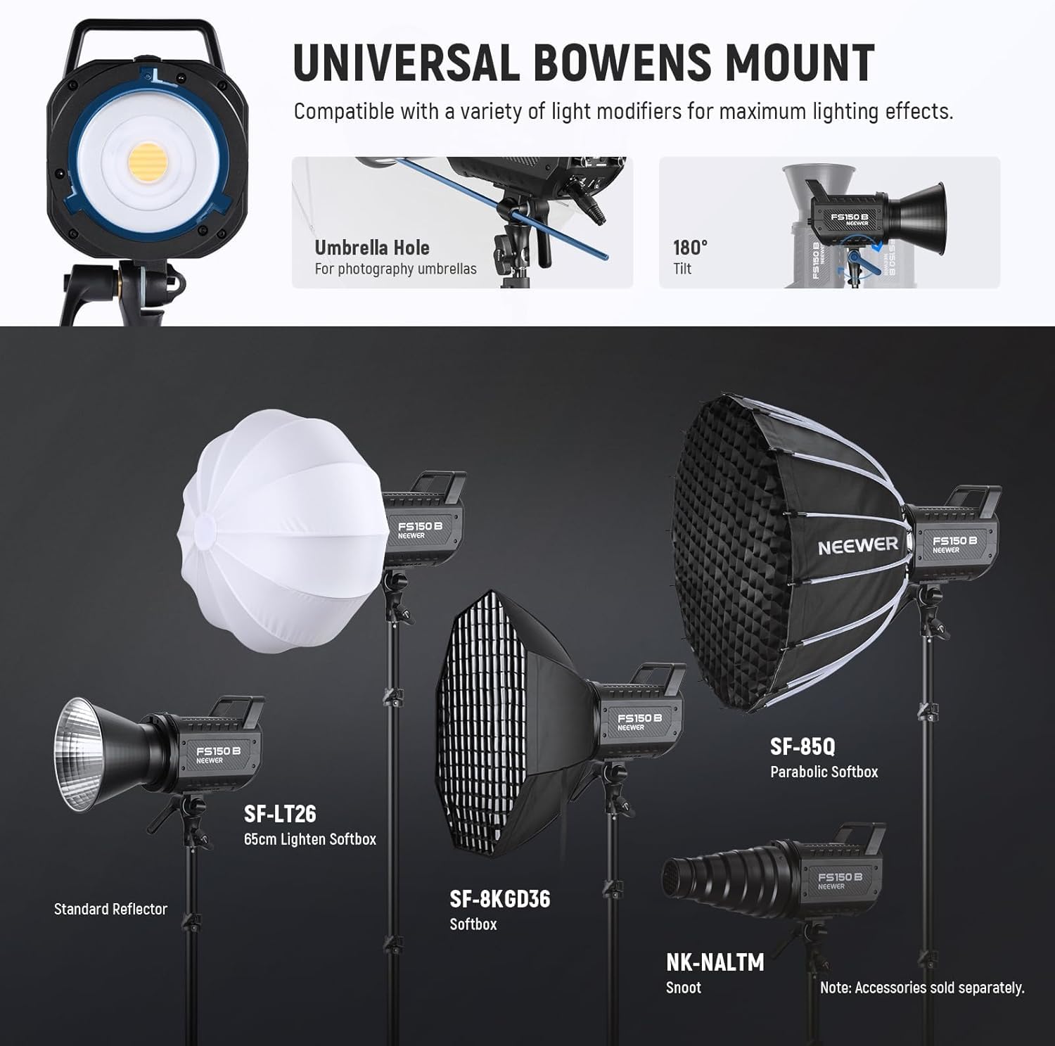 NEEWER FS150B LED lampa wideo ze sterowaniem 2,4 G/aplikacją, 130 W Bi Color COB, cicha praca, światło ciągłe COB Bi-Color Studio z 4 rodzajami precyzyjnego ściemniania, 72000 lux/1 m 2700K-6500K CRI