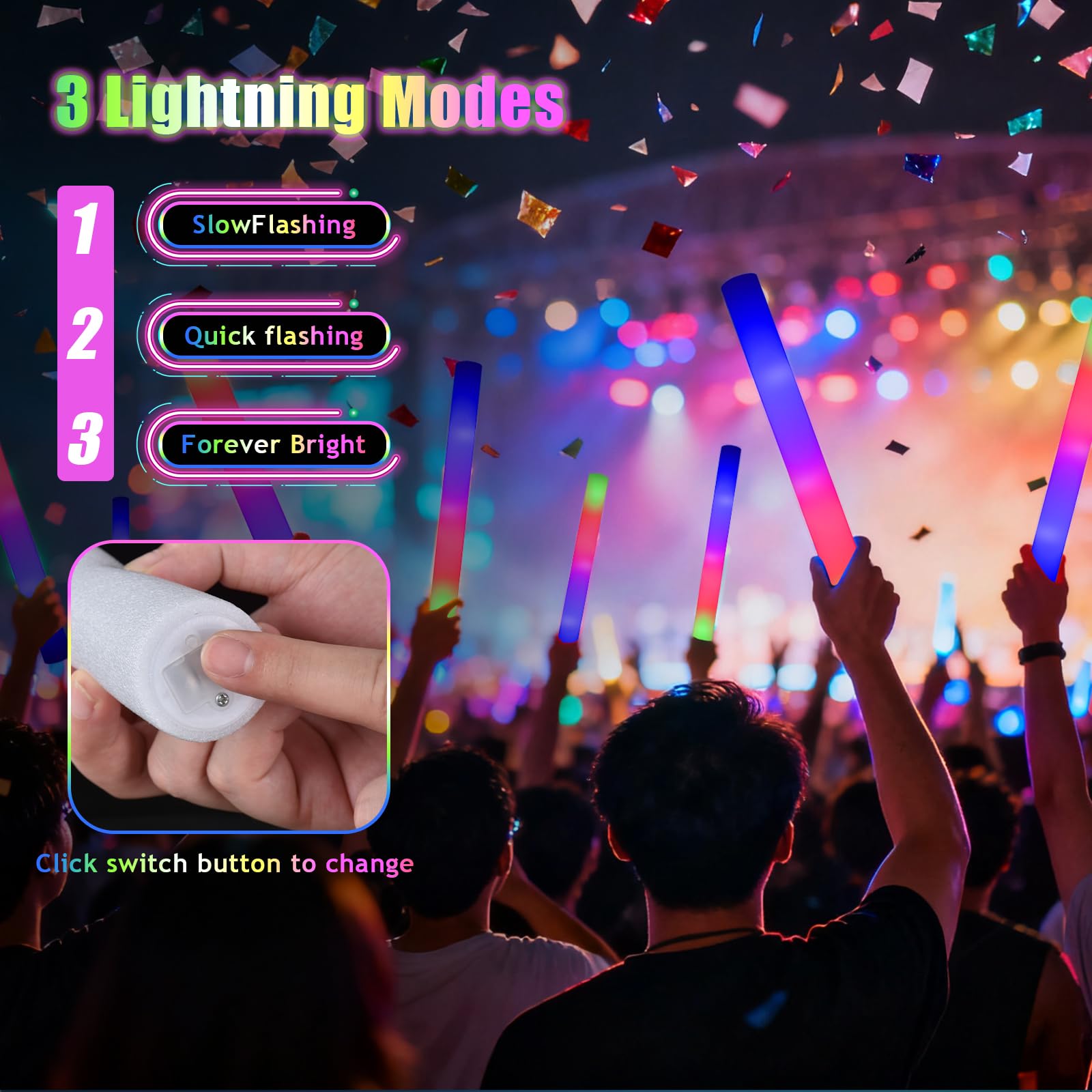 110 varillas luminosas LED, varillas de espuma con 3 modos intermitentes para suministros de fiesta que brillan en la oscuridad, palos de espuma para cumpleaños, raves, camping al aire libre