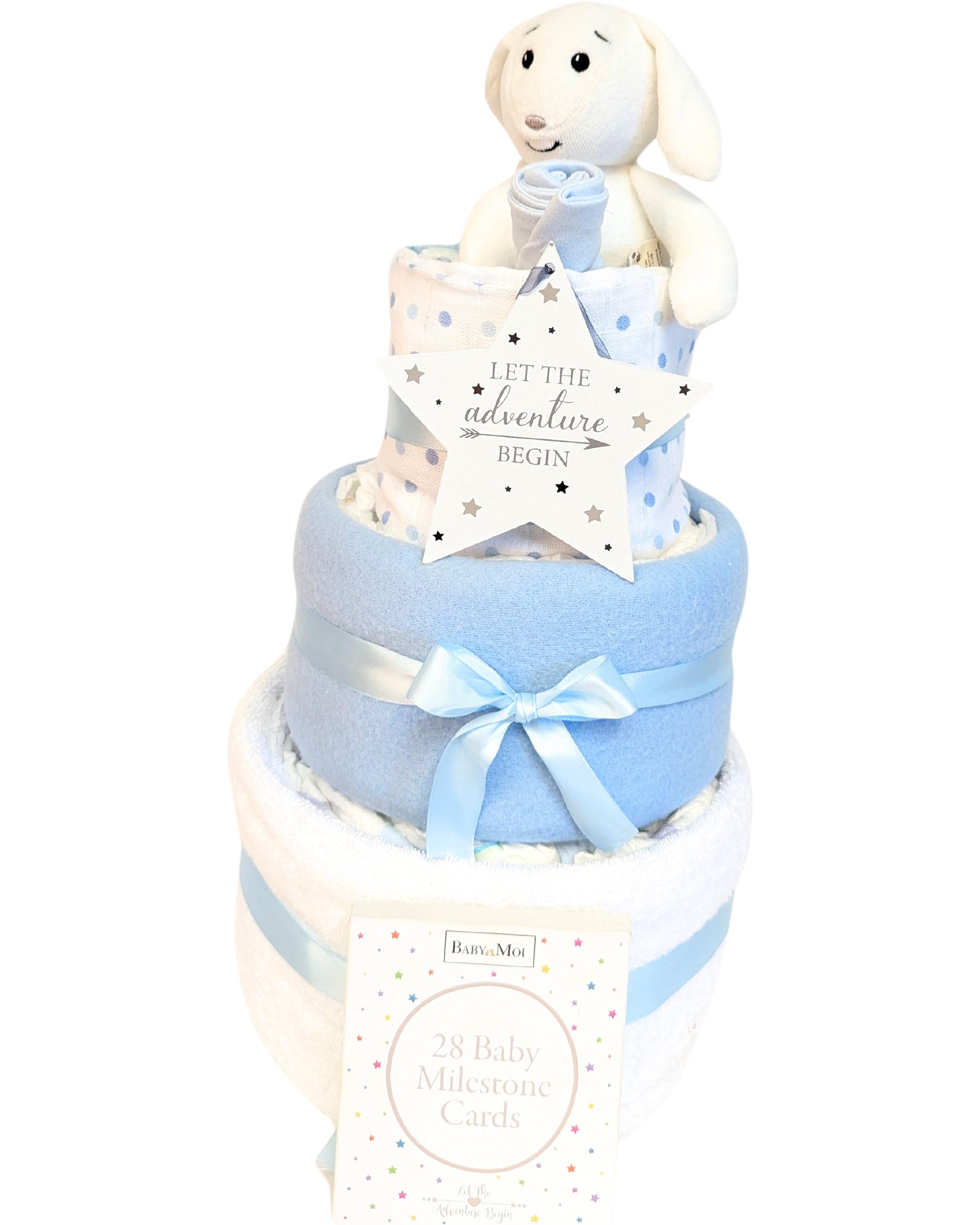 New Born Baby Boy Gift & New Parents Gift for new Baby Boy Blue with Organic Bunny Baby Gift Hamper Nappy Cake Set