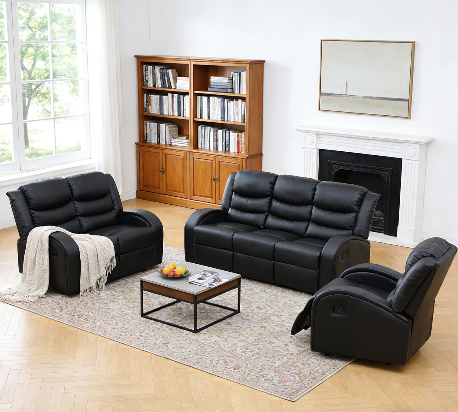 Leather Recliner Sofa Set for Living Room Furniture Set, Manual Recliling Loveseat Couch with Curved Armrests for Living Room/Small Space/Rv(Loveseat,Brown)