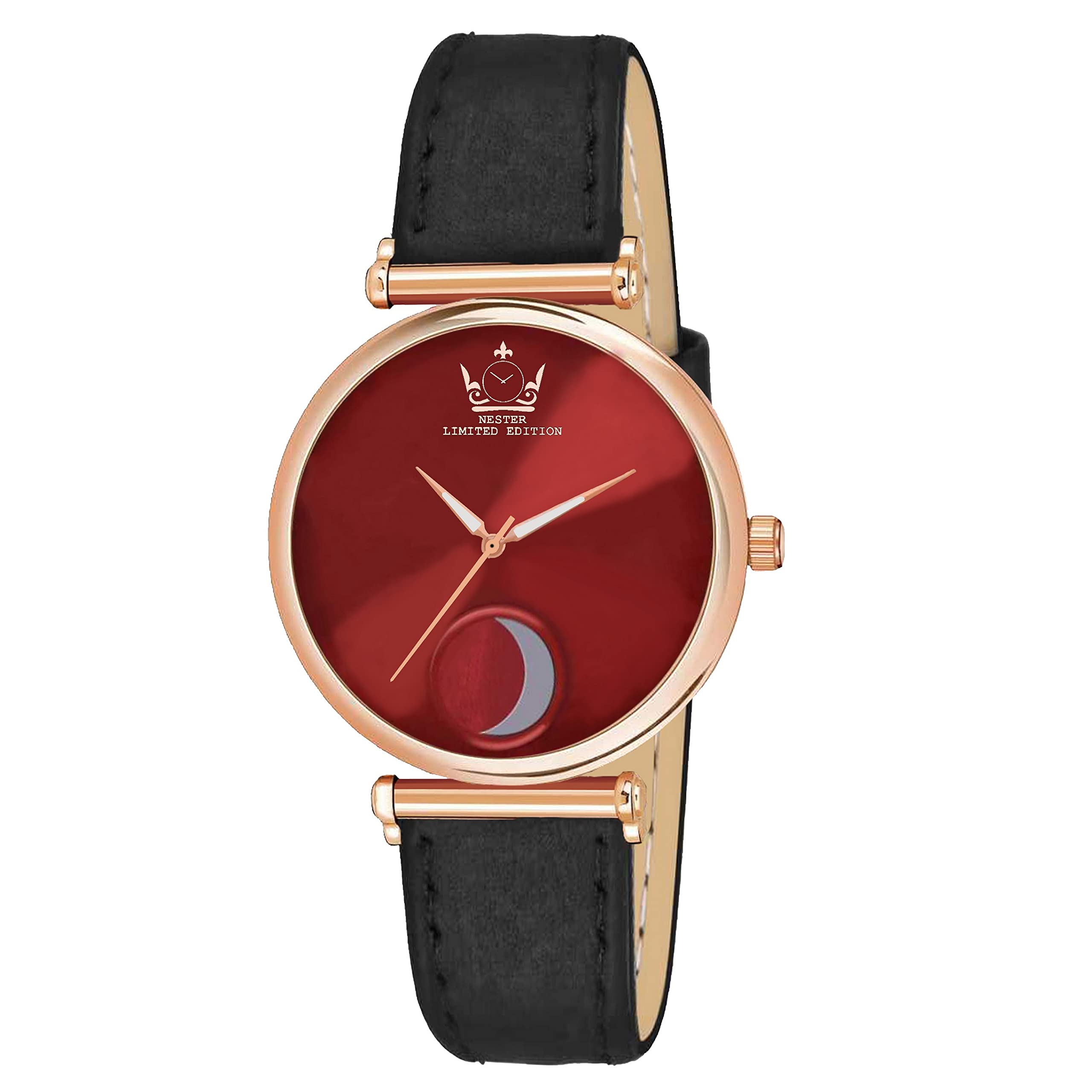 Nester Leather Strap Moon Designed Girls and Women Analog Watch (Maroon-BlackBlet)