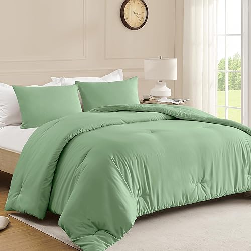 Miniatura 6 de downluxe Juego de edredón tamaño Queen, color verde salvia, juego de edredón ligero y sólido de 3 piezas, juego de edredón suave y cálido para todas