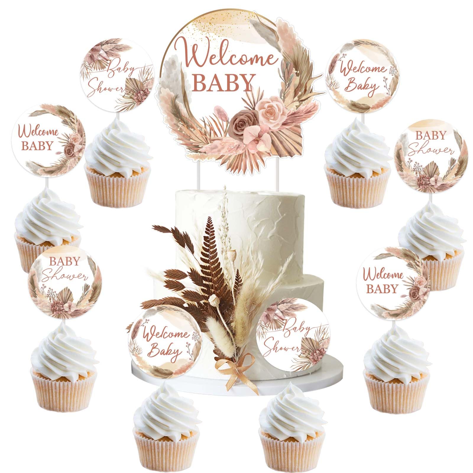 Cheereveal 25PCS Boho Baby Shower Cupcake Toppers, Boho Pampas Baby Shower Decorations for Girl, Pampas Grass Cupcake Toppers, Cake Decorations for Boy Girl Birthday Party Decoration