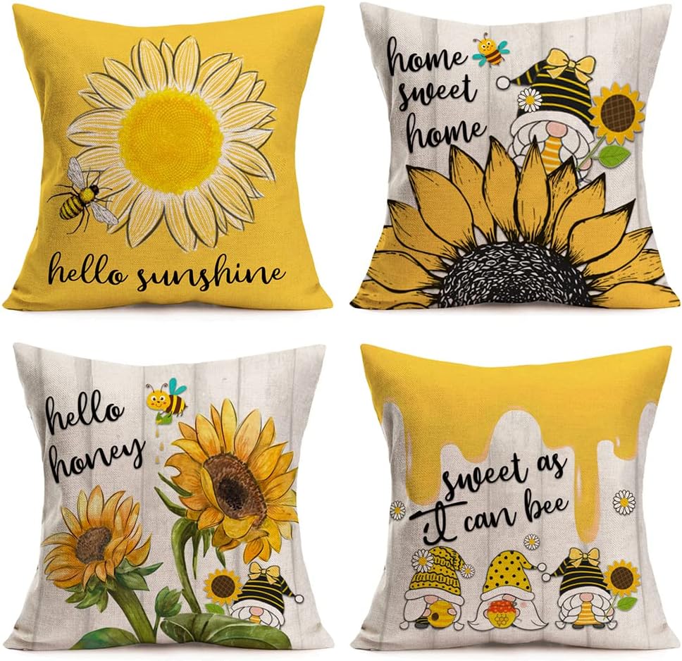 Qinqingo Sunflower Bee Pillow Covers 18" X 18" Set of 4 Hello Sunshine/Home Sweet Home/Hello Honey/Sweet As It Can Bee Cute Gnomes Decorative Throw Pillow Covers Home Decor for Sofa (HS)