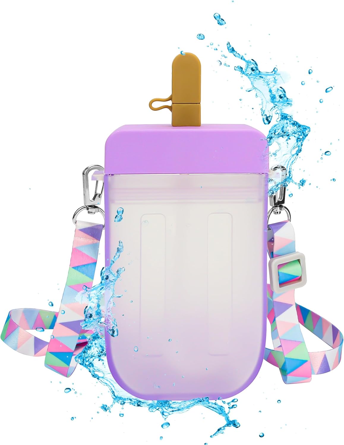 Photo 1 of 300ML Cute Water Bottle with Straw - Kawaii Creative Ice Cream Popsicle Cups Adjustable Shoulder Strap for School Girls, Leakproof BPA Free Juice Drinking Bottles Camping Sports Travel 10 Oz (Purple)