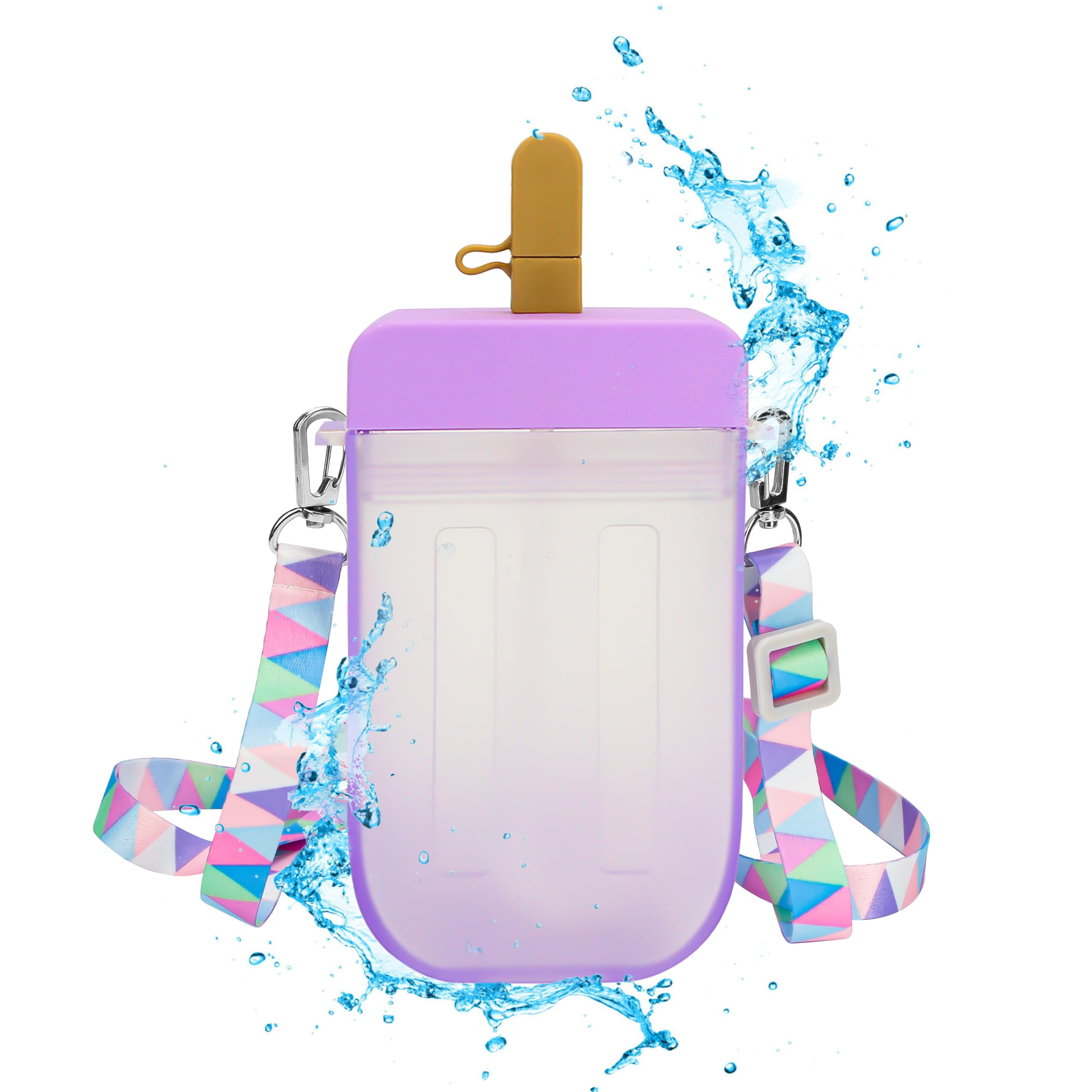 300ML Cute Water Bottle with Straw - Kawaii Creative Ice Cream Popsicle Cups Adjustable Shoulder Strap for School