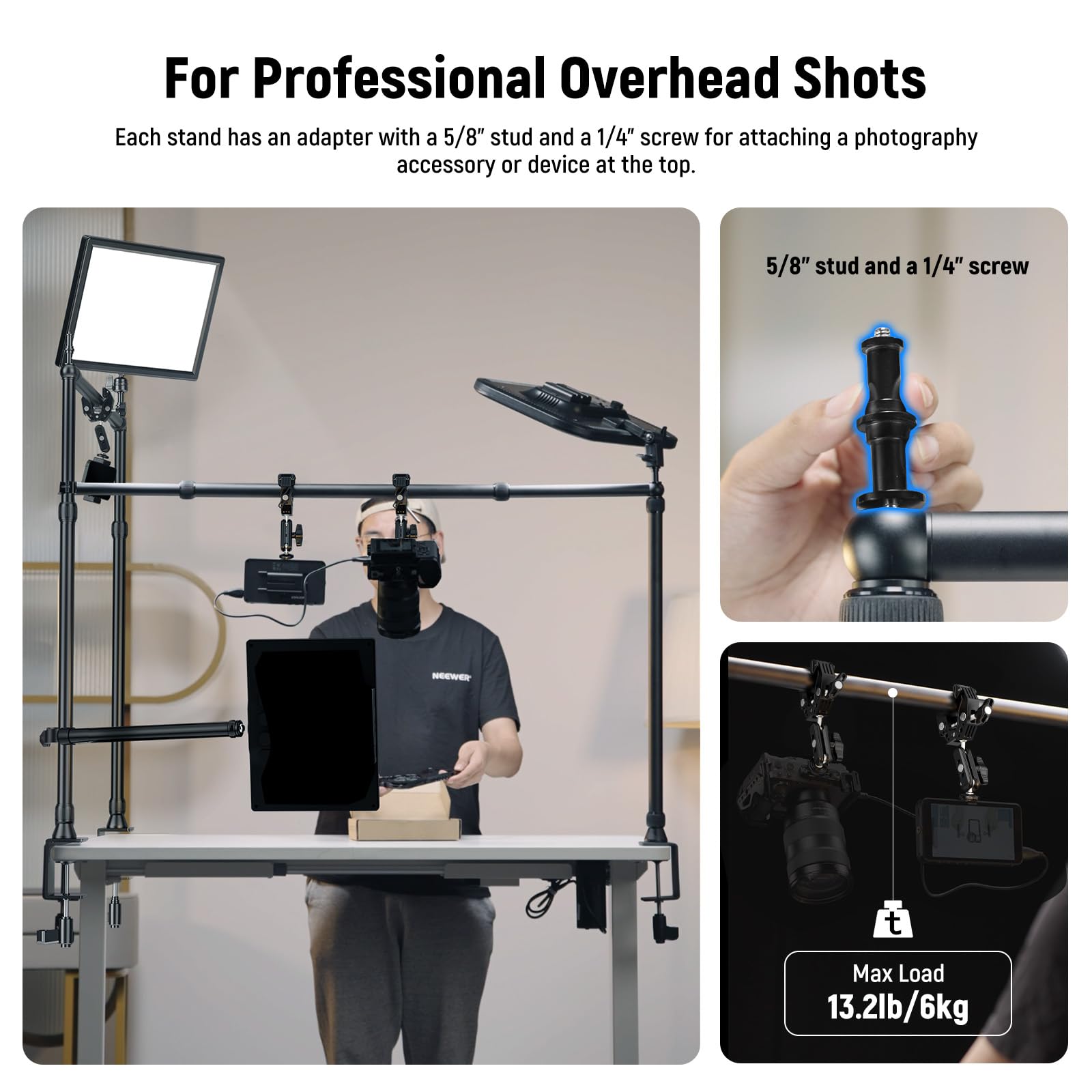 NEEWER Overhead Camera Mount Rig with 2 Ball Heads, Super Clamp/Mobile Phone Holder/Camera Desk Mount, Multi Device Mount, Platform Overhead Tripod, Adjustable Height Width, Max Load 12 kg, NK002: 10103702