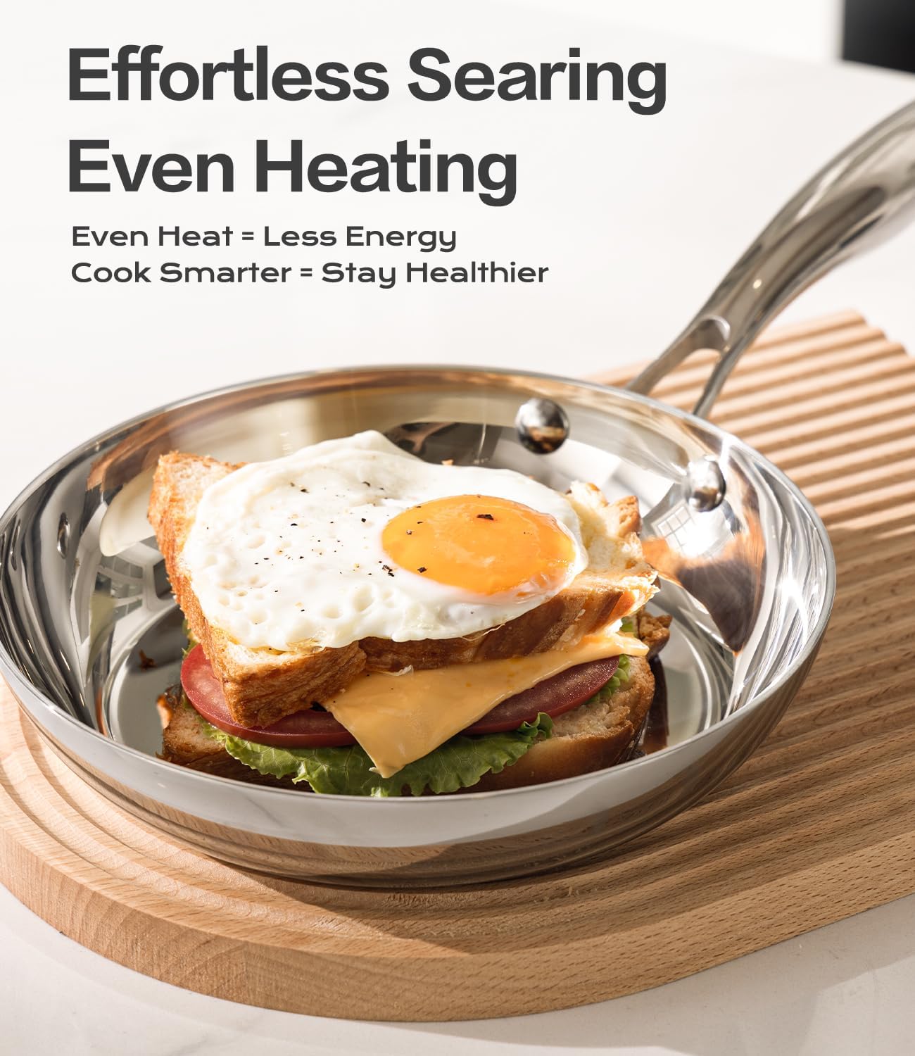 Stainless Steel 8 Inch Frying Pan, Tri-ply Clad Base Non-toxic Skillets with Stainless Steel Lid, Fast and Even Heating Stay Cool Handles Induction Dishwasher & Oven Safe PFOA Free Cookware - Image 4