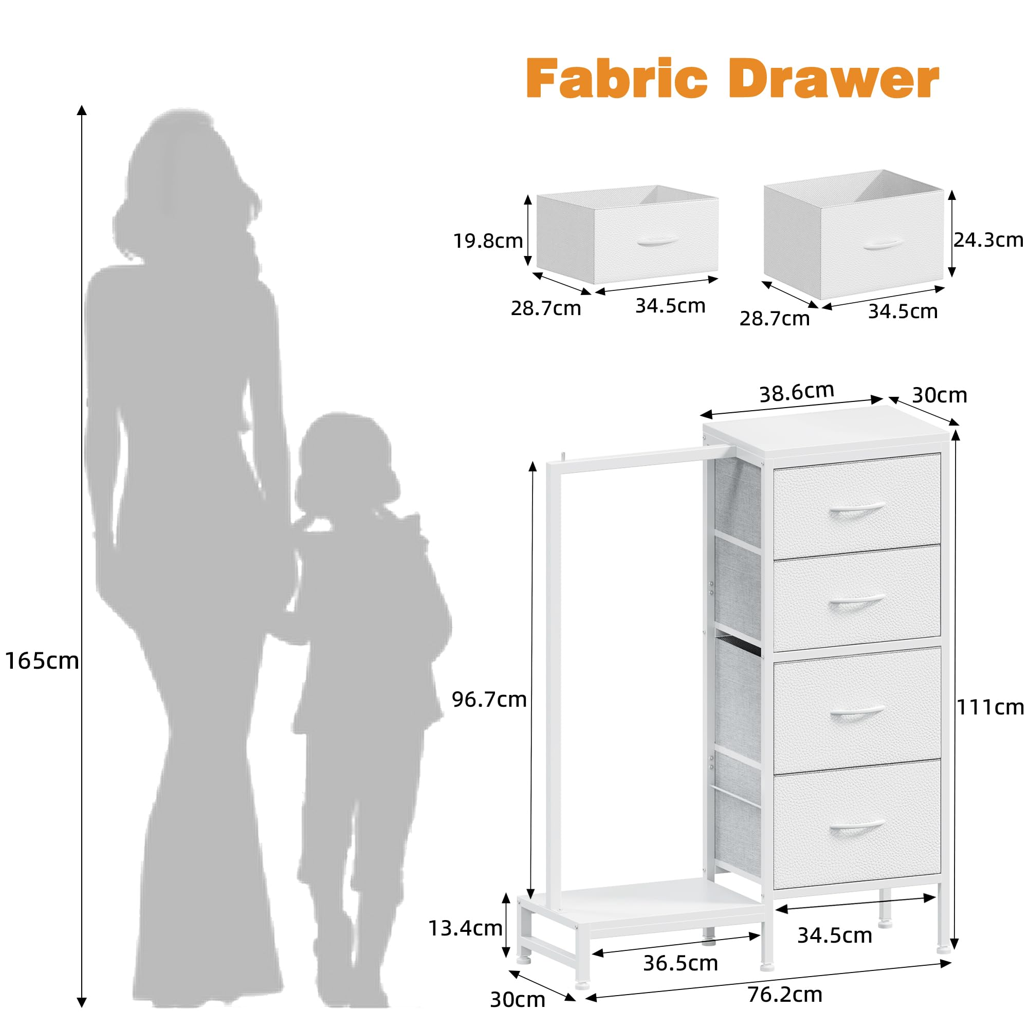 Commode avec Poches latérales et Crochets, Commode 4 Tiroirs en Tissu avec Barre Porte-Vêtements, 111 cm, Meuble de Rangement Multifonction pour Chambre, Salon, Entrée, Enfant, Blanc