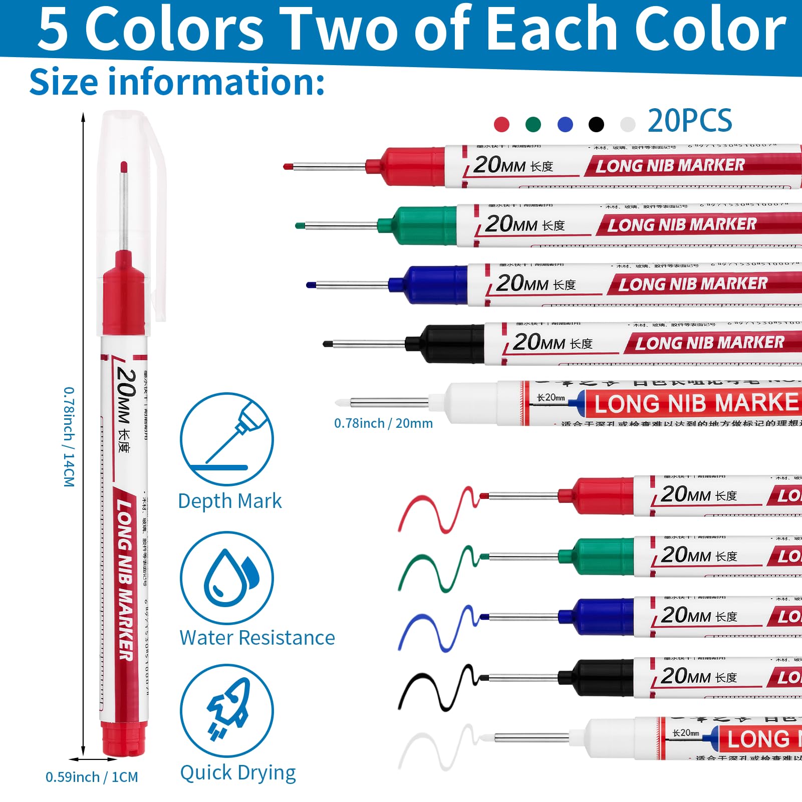 20 PCS Long Nib Marker Pens,20mm Long Head Deep Hole Marker Pens, Longs Nose Markers,Waterproof Construction Markers Marking Tool,Permanent Markers Carpenter Ink marker Pens,Metal marking Pens — Amazon image 2