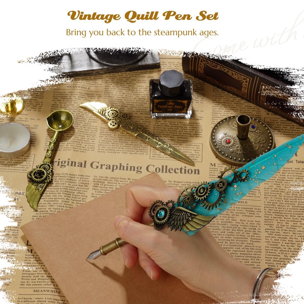 Set di penne per calligrafia con inchiostro, sigillo in cera, 5 pennini e accessori steampunk, perfetto per gli appassionati di calligrafia