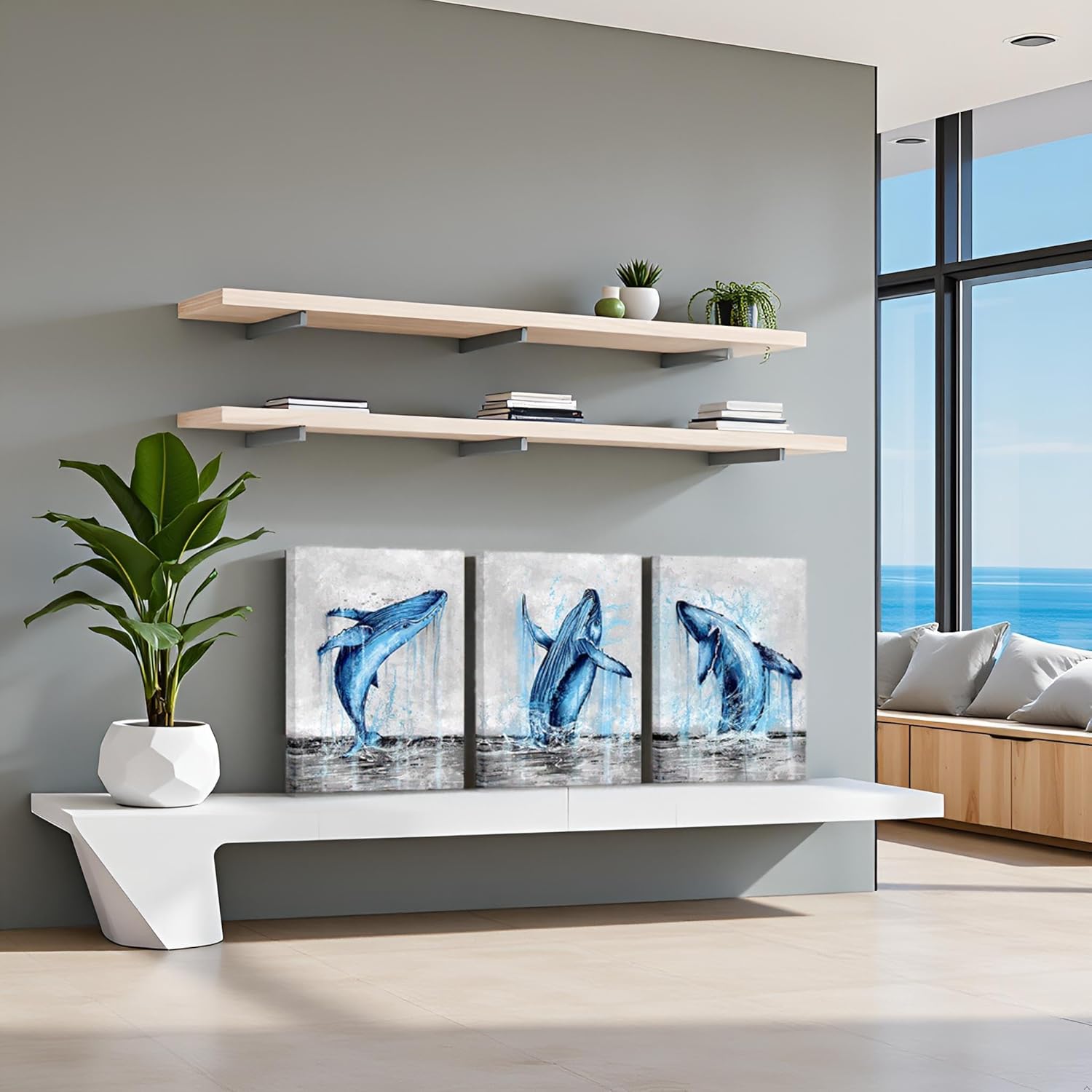 LevvArts Blue and Grey Canvas Wall Art Whale Paintings Pictures Modern Abstract Sea Animal Poster Artwork for Bathroom Bedroom Living Room Decor 12x16inchx3pcs