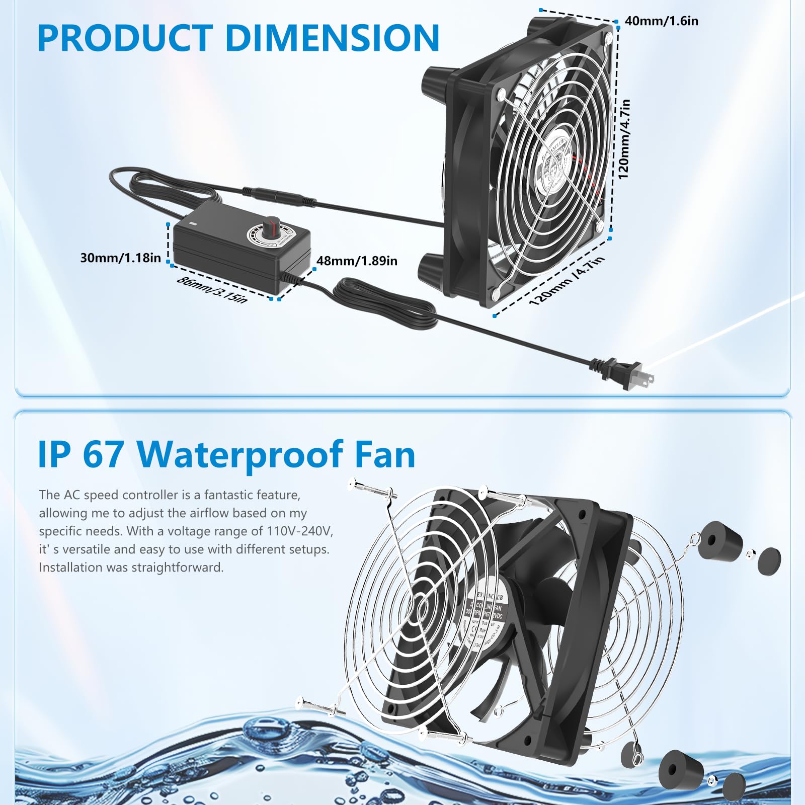 Ventilador pequeño impermeable IP67, ventilador de computadora de velocidad variable de 12 V con enchufe de CA, 110 V, 120 V, 220 V, ventilador de escape de ventilación alimentado por CA