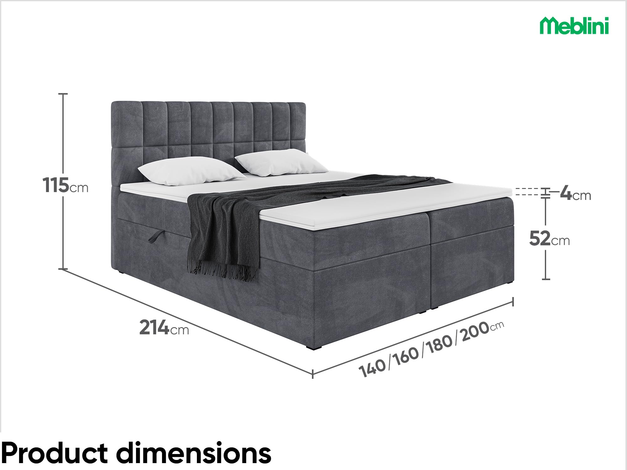 MEBLINI Boxspringbett mit Bettkasten - 200x200 - Gepolstert Doppelbett mit Matratze und Topper - Polsterbett mit Stauraum - Bett mit Kopfteil - Stauraumbett - Lukas - H3/Dunkelgrau Samt