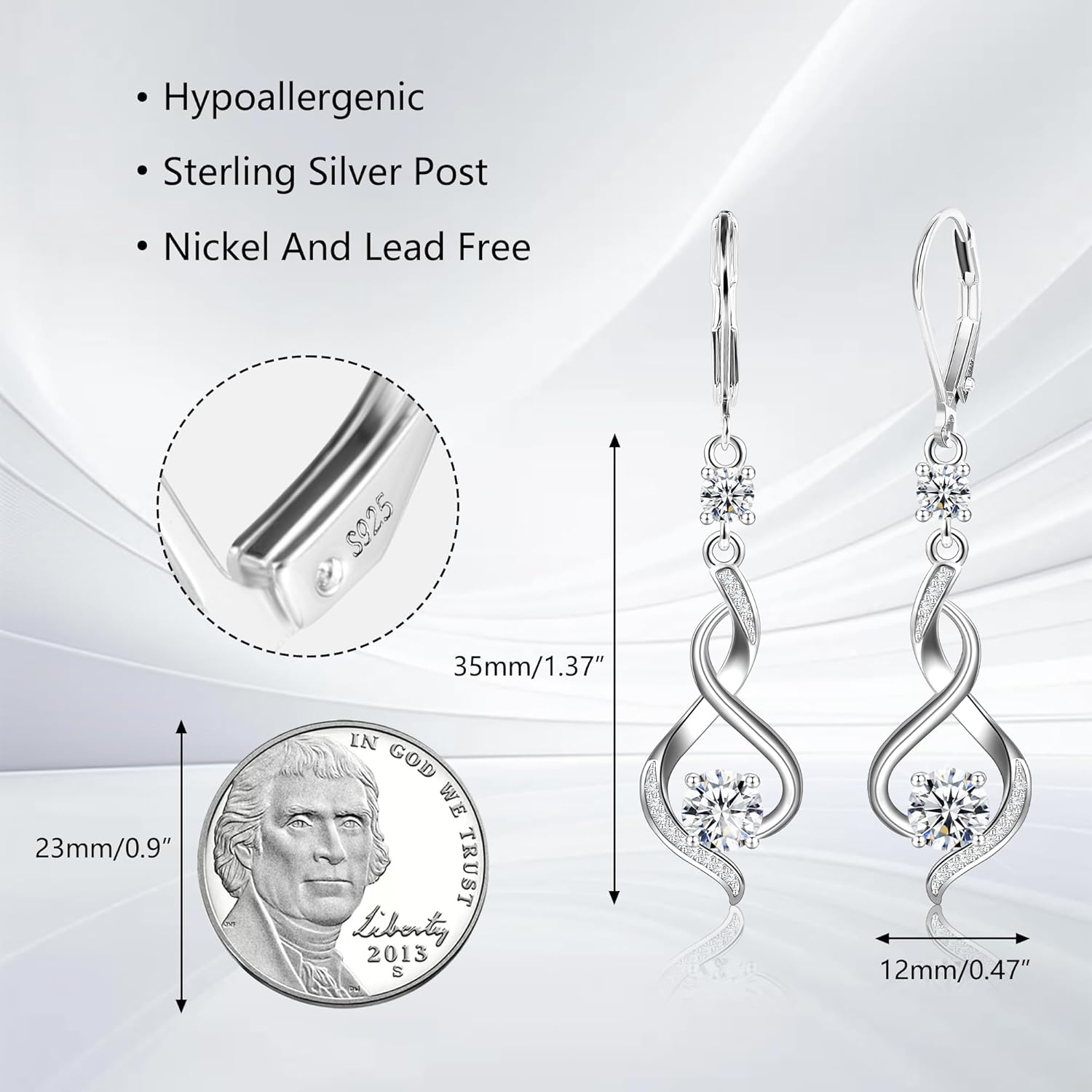 Sterling Silver Dangle Earrings for Women Trendy Hypoallergenic Leverback Silver Drop Earrings with Cubic Zirconia Double Twisted Infinity Heart Ball Charm Dangle Drop Earring Jewelry - Image 3