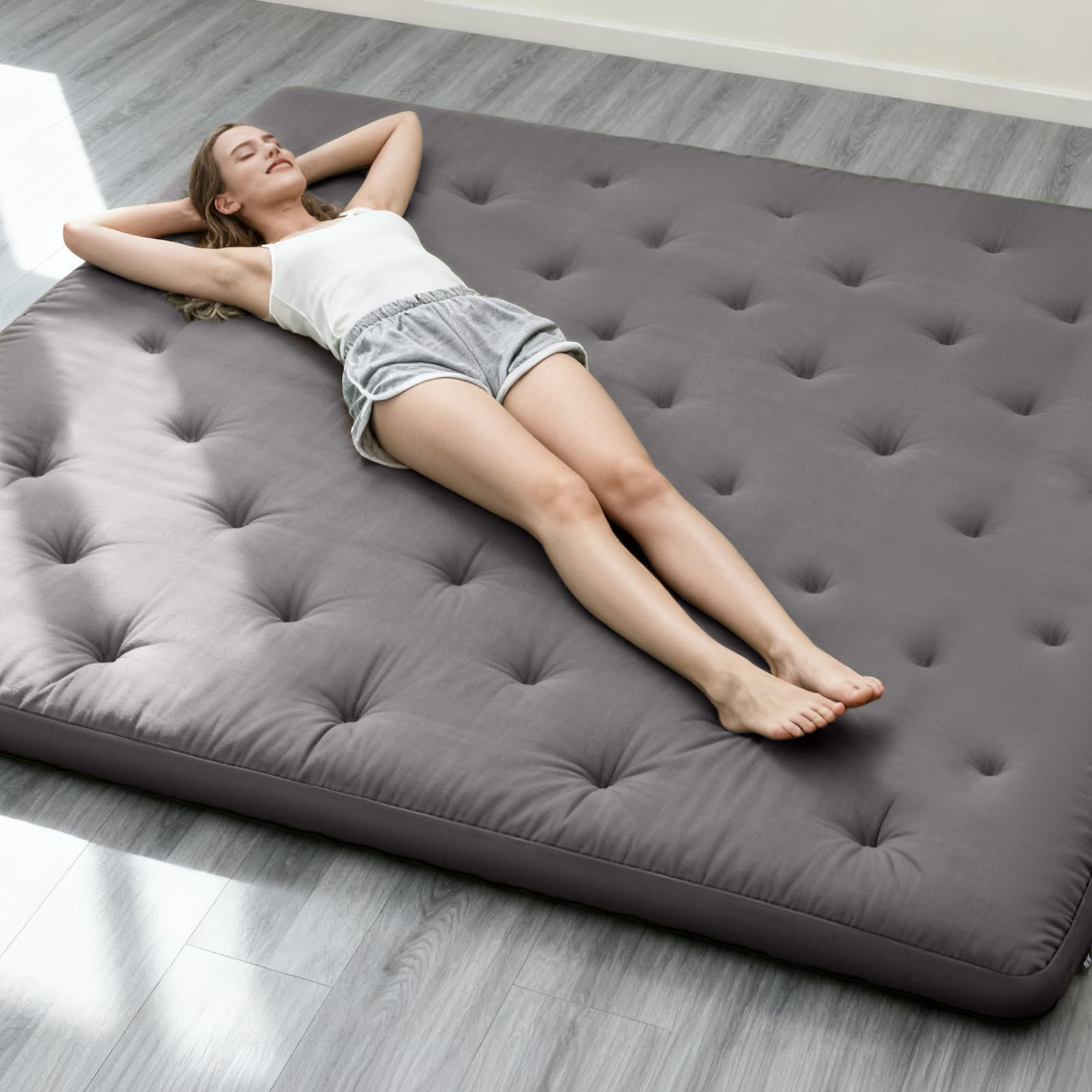 Japanese Floor Futon Mattress Twin Size 75"x 39", 100% Cotton Cover 4'' Thicken Tatami Mattress, Foldable Sleeping Pad, Portable Dormitory Tatami Mat, Roll Up Floor Lounger Bed for Adult (Grey)