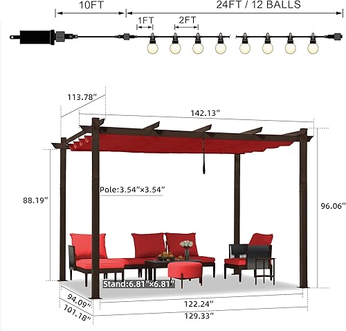 Miniatura 101 de PURPLE LEAF Pérgola de metal retráctil de 10 x 12 pies con toldo y cubierta de sombra para jardín, patio, terraza de playa, cenador, color blanco