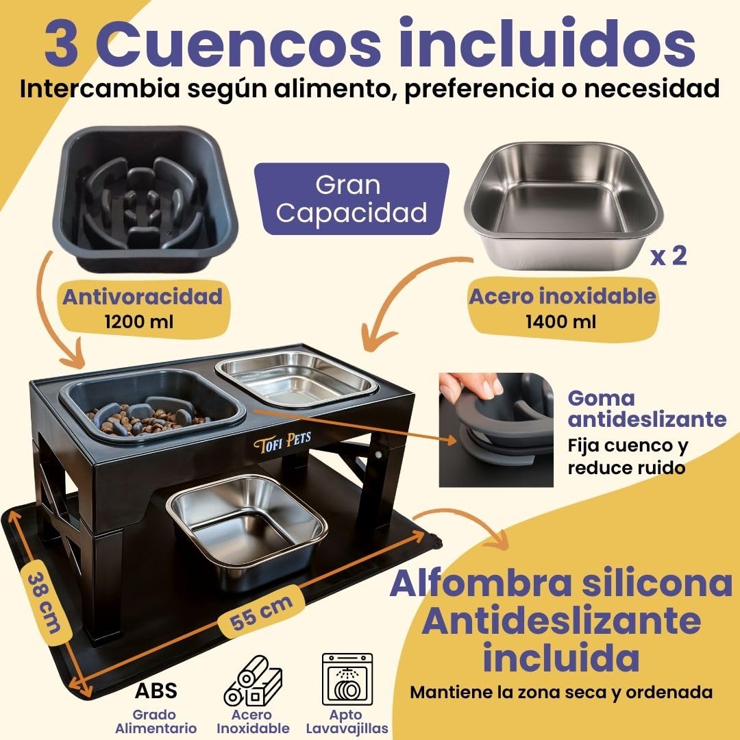 Comedero Perro Elevado 5 Alturas | Bebedero y Comederos para Perros Medianos y Grandes Acero 2 x 1400ml, Comedero Lento para Perros 1 x 1200ml, Alfombra + Porta Bolsas Paseo | 3 Cuencos