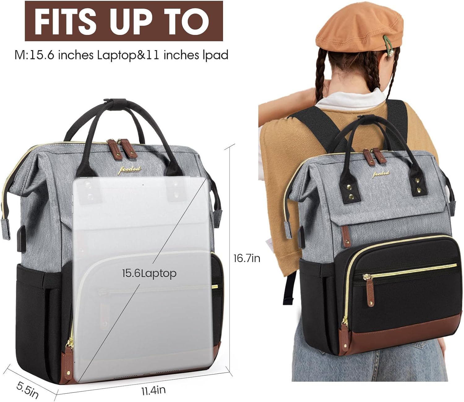 Laptop Backpack for Women Bag 15.6 Inch Work Business Backpacks Purse with USB Port Large Capacity Nurse Bag Backbag, Casual Daypack for Travel, Black-Grey-Brown - Image 4
