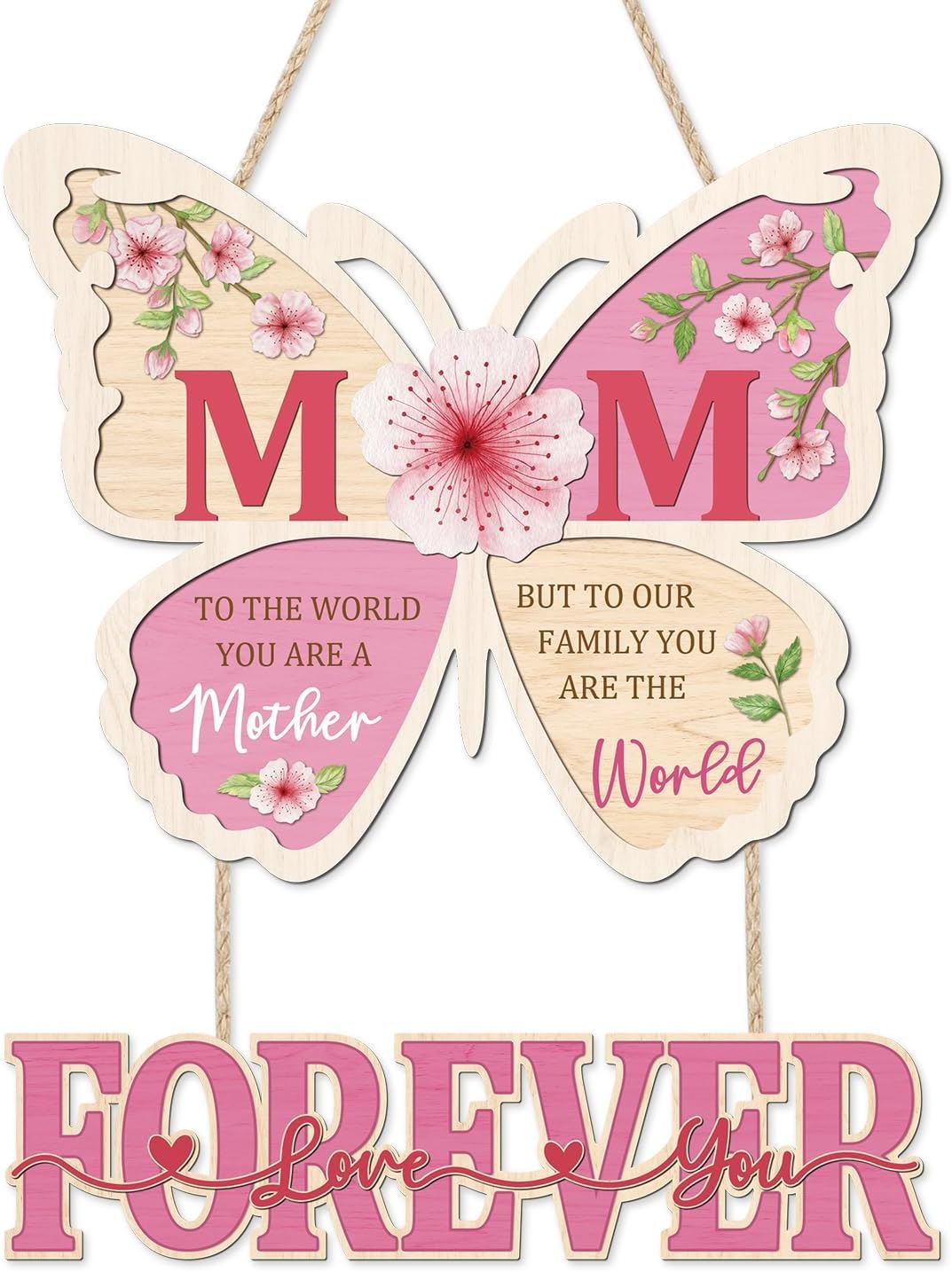 ANHUIB Mom Forever Sign Door Hanger(12"x15") Wooden Butterfly-Shaped Welcome Decoration Wall Hanging Farmhouse Pink Thanks Mom Grateful Quotes Wreath for Mothers Day Gift Birthday