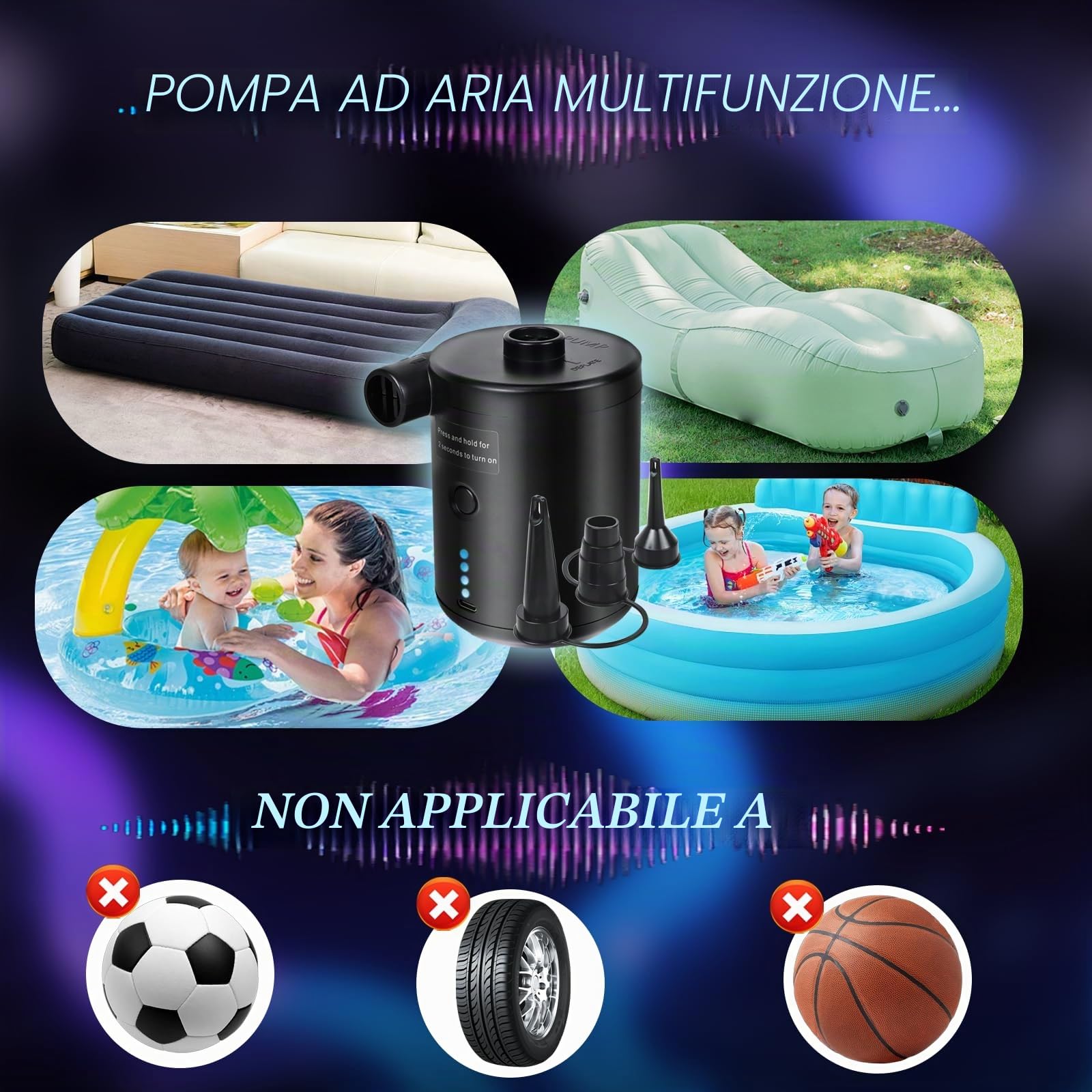 PATEMZON Pompa Elettrica, Pompa Elettrica per Materasso Gonfiabile, 4000mAh Gonfiatore Elettrico Portatile con 3 Ugelli, Gonfiare e Sgonfiare, per il Campeggio All'Aperto, Materasso Ad Aria