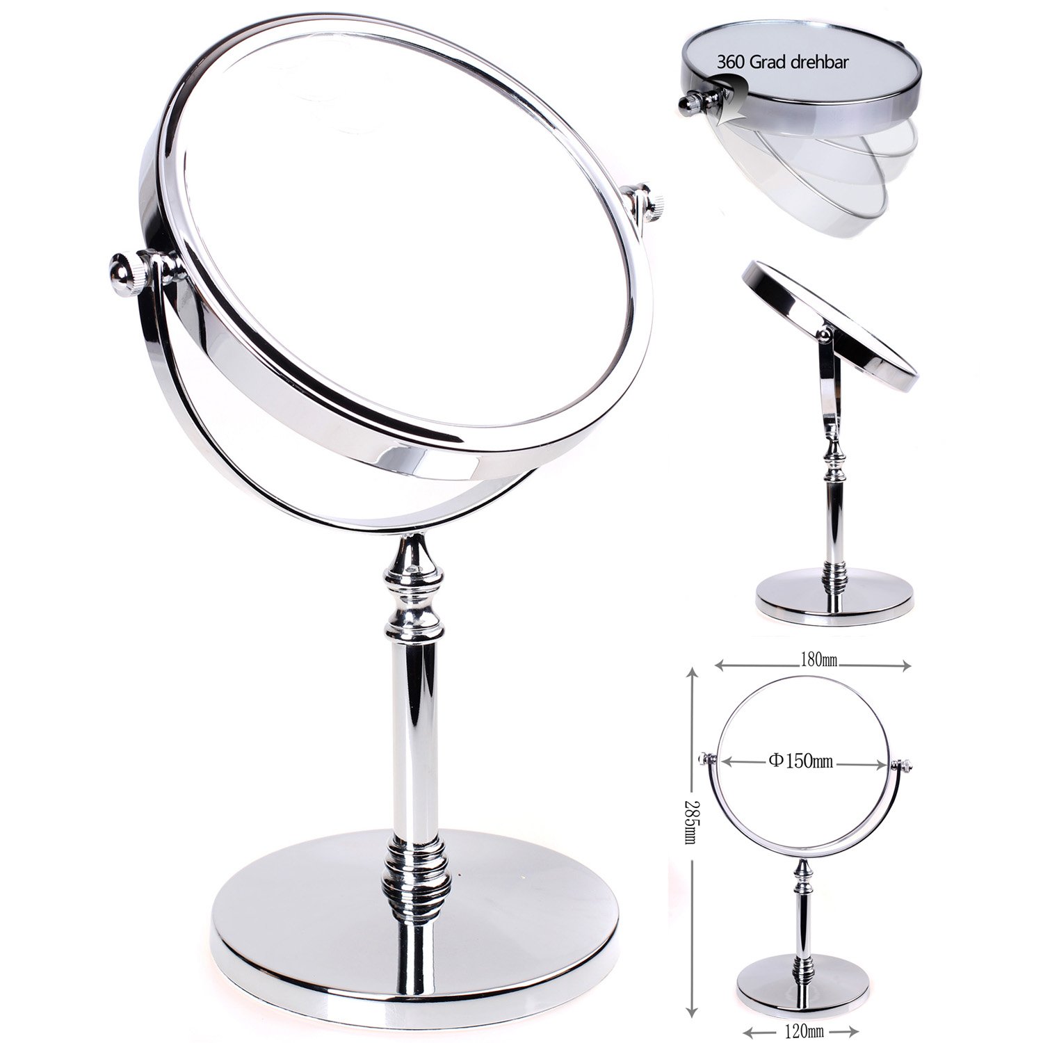 Miroir De Maquillage Grossissant 5x - Sur Pied Rotatif 360°, Double Face (normal/grossissant), Diamètre 13 Cm, Finition Chromée Argentée