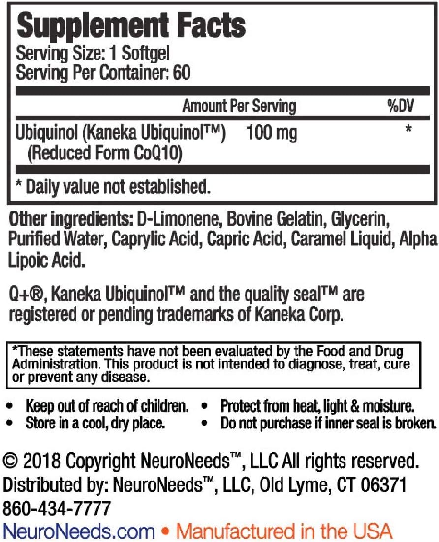 QNeeds® coqh-cf Ubiquinol 100 mg COQ10 Clinically Proven Enhanced Delivery for Maximum Absorption, Enhanced Mitochondrial Support, Antioxidant for Heart Health, 60 Count Softgels
