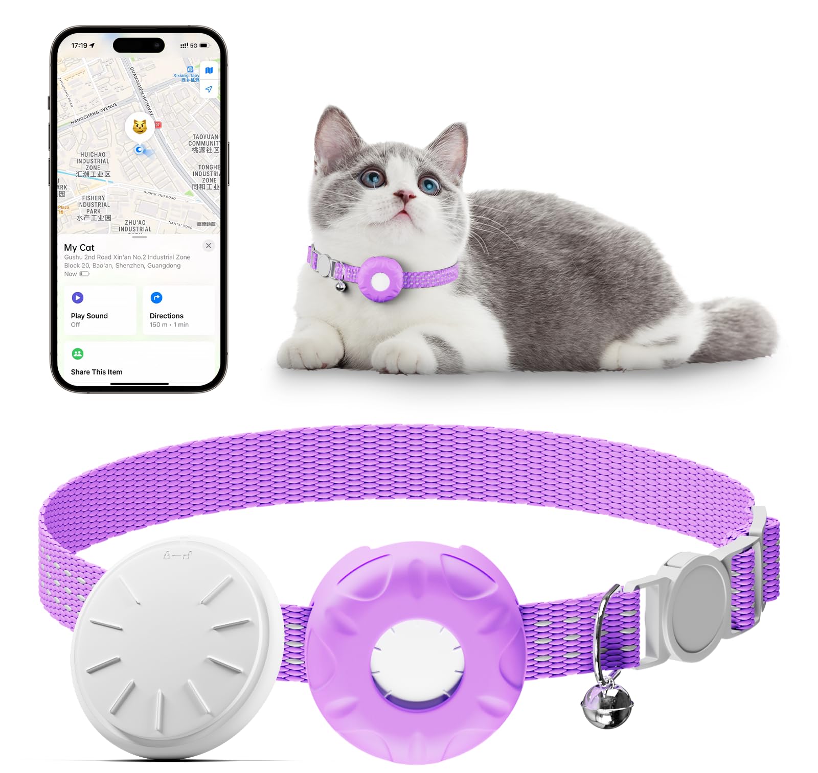Pet Tracker for Cats, Compatible with Apple Find My App (Only iOS), Cat GPS Tracker Works with Any Collar, No Monthly Fee, Waterproof, Purple