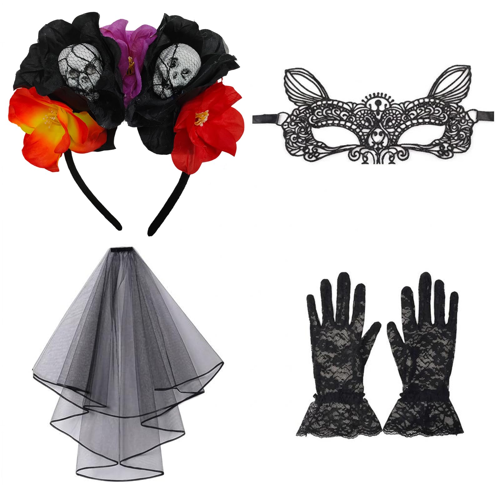 Lifreer Day of the Dead Costumes for Women, 4Pcs Halloween Accessories - Gothic Skull Flower Headband, Black Veil, Lace Mask, Short Lace Gloves, Dia de los Muertos Costume for Halloween Party Props โ image 1