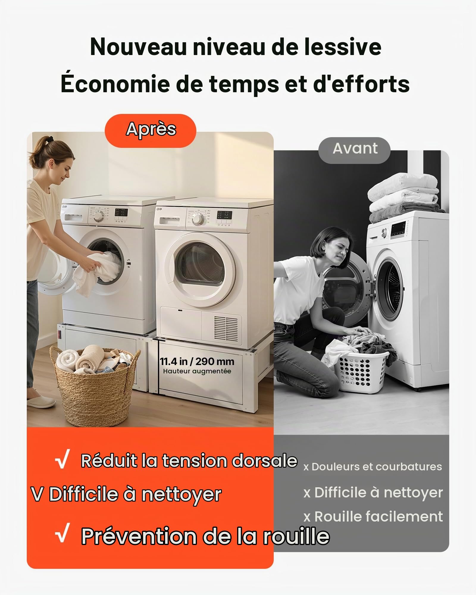 VEVOR Socle Lave Linge Hauteur 31 cm Support Machine à Laver Charge 150 kg Rehausseur à Tiroir pour Sèche-linge Réfrigérateur Compact Buanderie, en Acier Robuste, Pieds Antidérapants, Blanc, Lot de 2