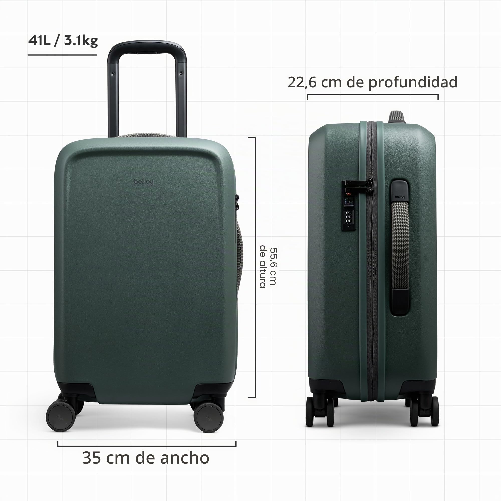 Bellroy Transit Carry-On, Maleta rígida - Everglade | Maleta de cabina 41L con carcasa rígida y módulos de almacenaje extraíbles para viajar sin complicaciones