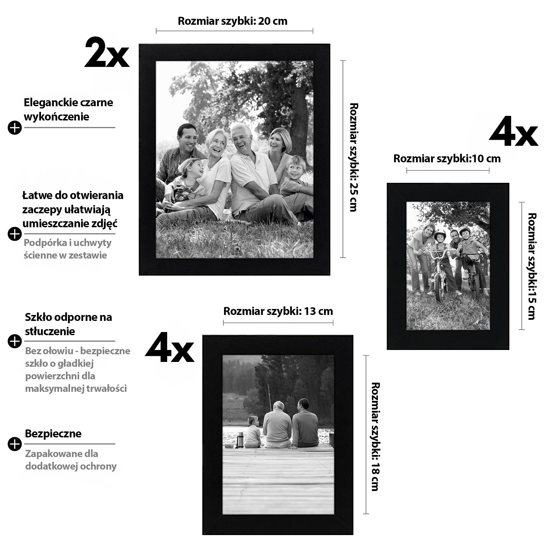 Americanflat czarne ramki na zdjęcia – zestaw 10 szt.: 2 x 20 x 25 cm, 4 x 13 x 18 cm i 4 x 10 x 15 cm – galeria zdjęć do powieszenia – ze szkłem odpornym na stłuczenie
