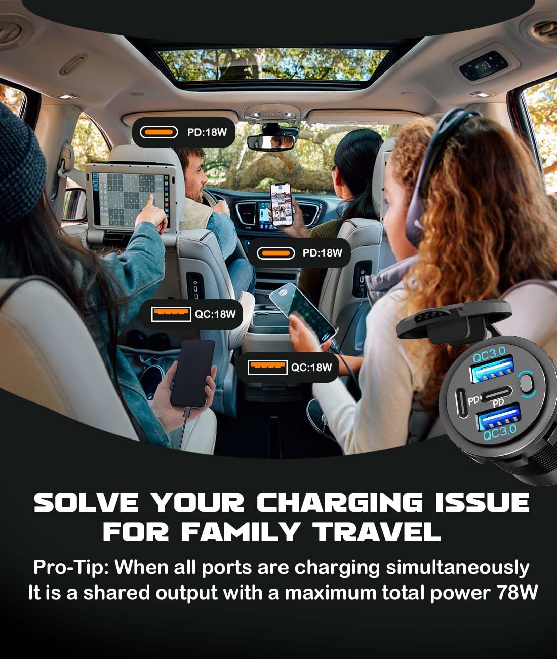 Quad-Port 12 V USB-Steckdose mit Schalter & LED – 78 W Dual QC3.0 & Dual PD3.0 USB C Autoladegerät Buchse für Wohnmobil, Motorrad, Marine, LKW, Golfwagen, Boot, Zubehör