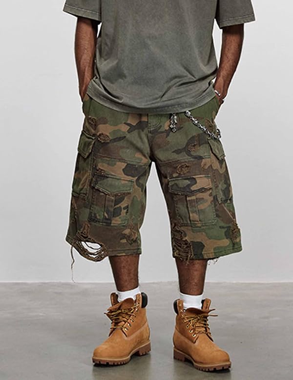 Men's Camo Cargo Denim Shorts Baggy Jorts Ripped Wide Leg Capri Jeans Shorts Streetwear by FCOOLYEET - Used condition - Image 3