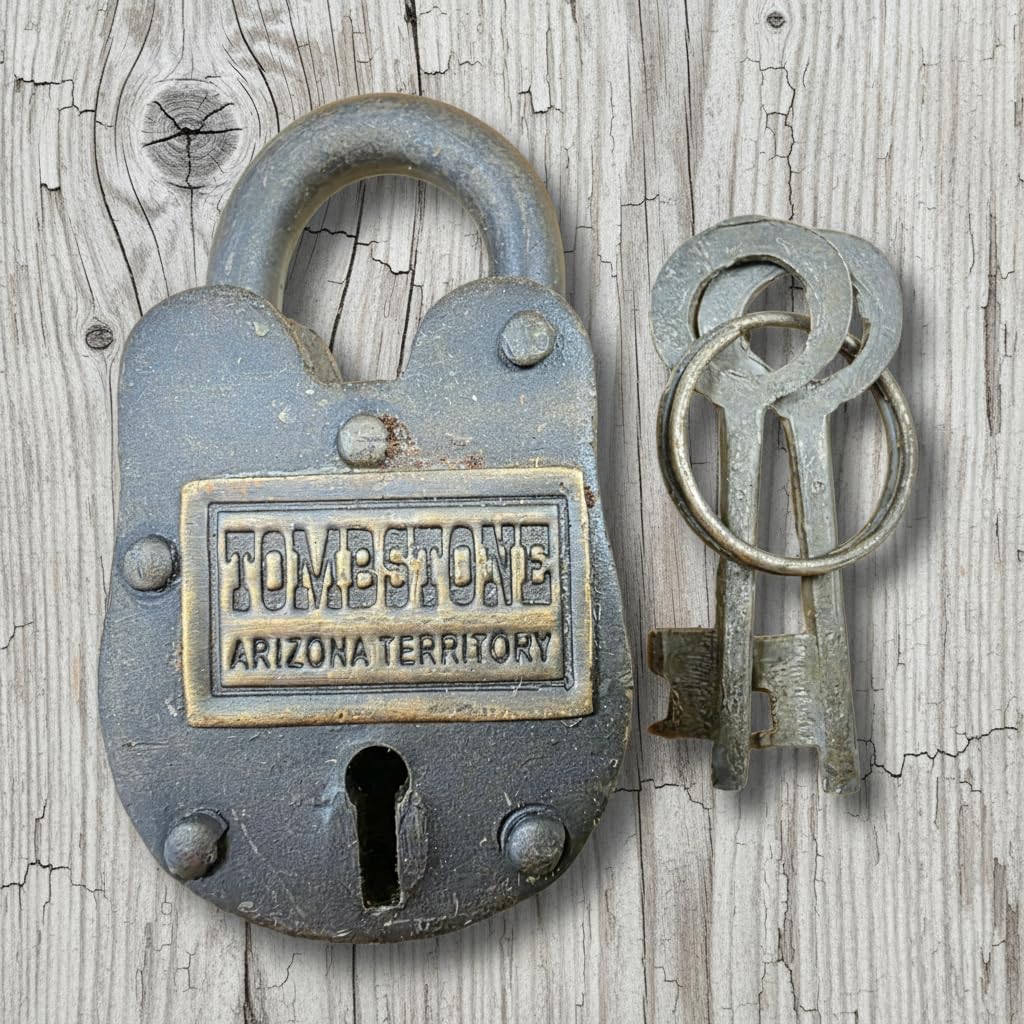 Tombstone Arizona Territory Cast Iron Gate Lock with Keys & Antique Finish (2.5" x 1.5")