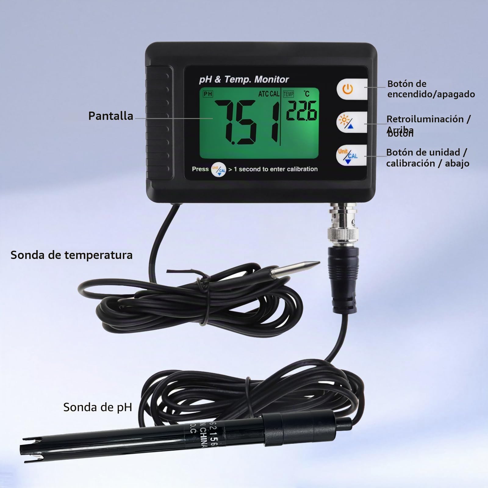 Medidor De Ph Y Temperatura 2 En 1, Medidor De Ph De 0 A 14, CalibracióN AutomáTica De Ph, Sonda De Electrodo Bnc Para Acuario HidropóNico, Medidor De Agua, Alimentos De Laboratorio, Agua Potable