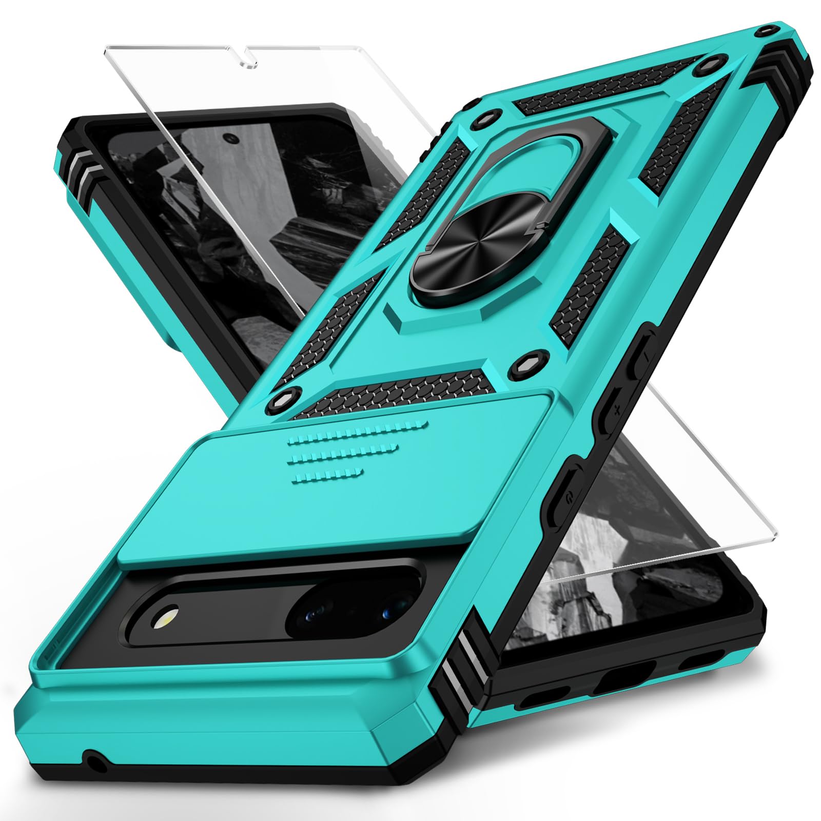 for Google Pixel 8A Case with Camera Lens Cover HD Screen Protector, 10 FT Military Grade Drop Protection, Magnetic Ring Holder Kickstand Protective