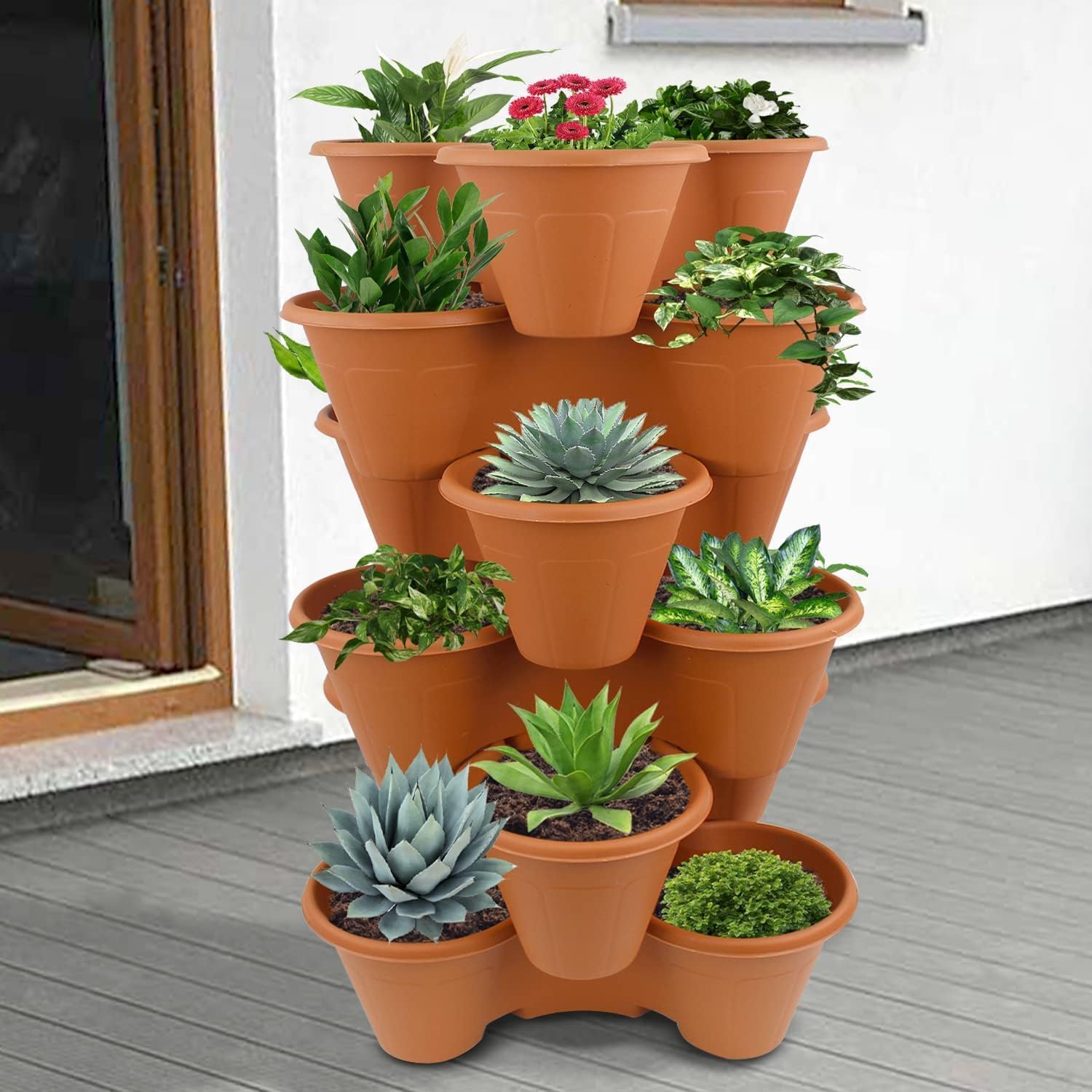 Strawberry Planter with Multiple Pockets – Vertical Strawberry Tower Pot for Growing – Tiered Stackable Garden Planter for Patio, Balcony & Outdoor Use – Black or Terracotta (6, TERRACOTTA)