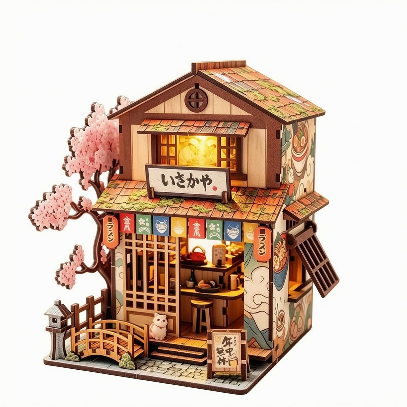 Miniatura Edificio Blocchi Costruzione Kit Modello Casa Vetrina Ornamento Tavolo Illuminazione Calda Legno con Tetto a Strati Finestre a Porta Insegna