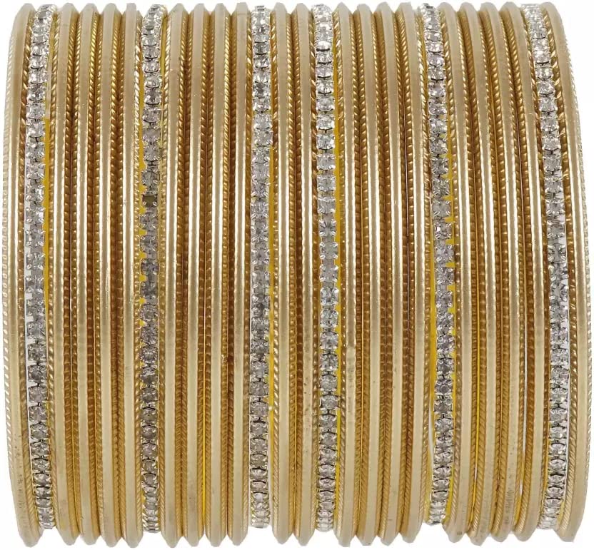 DONERIA Non-Precious Metal Base Metal with Zircon Gemstone Studded worked Glossy Finished Bangle Set For Women and Girls, (Golden_2.4 Inches), Pack Of 26 Bangle Set (B0BHM3D26P) Amazon Price History, Amazon Price Tracker