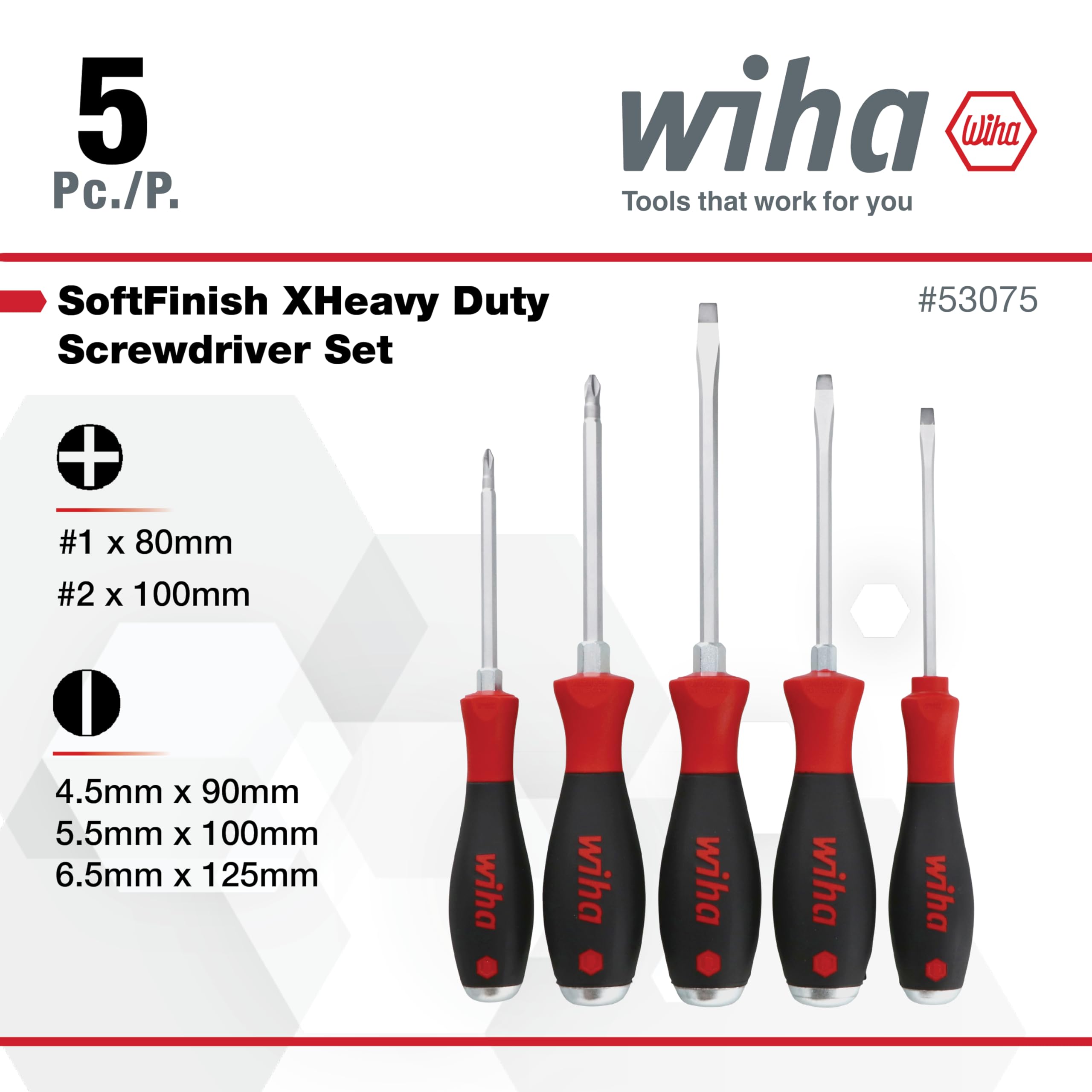 Wiha 53075 Bardzo wytrzymały wkrętak płaski i krzyżowy 5 szt