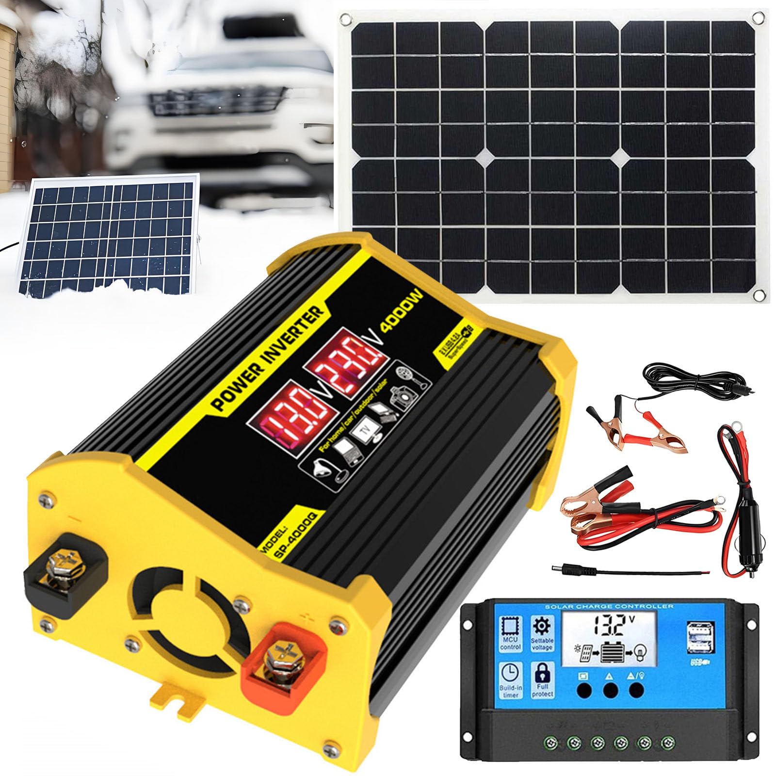 Placas Solares para Casa Kit Completo con Controlador De 30A, Inversor De 400W Y Paneles Solares De 18W 18V, Kit Completo para Casas, Campamentos, Granjas, RV Y Barcos Black-220V