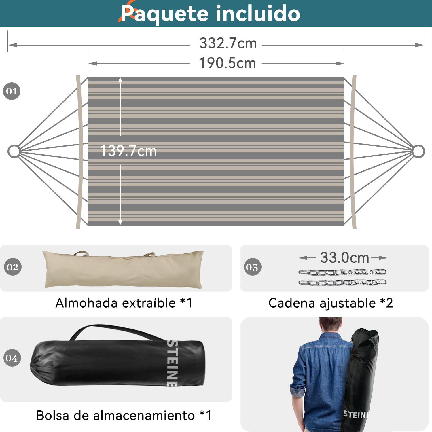 Hamaca Doble, 335 cm, Hamaca Exterior para 2 Personas con Almohada, Barra Separadora Curva Plegable, Cadenas, Bolsa de Transporte, para Interiores y Exteriores, Carga 204 Kg, Verde Agua