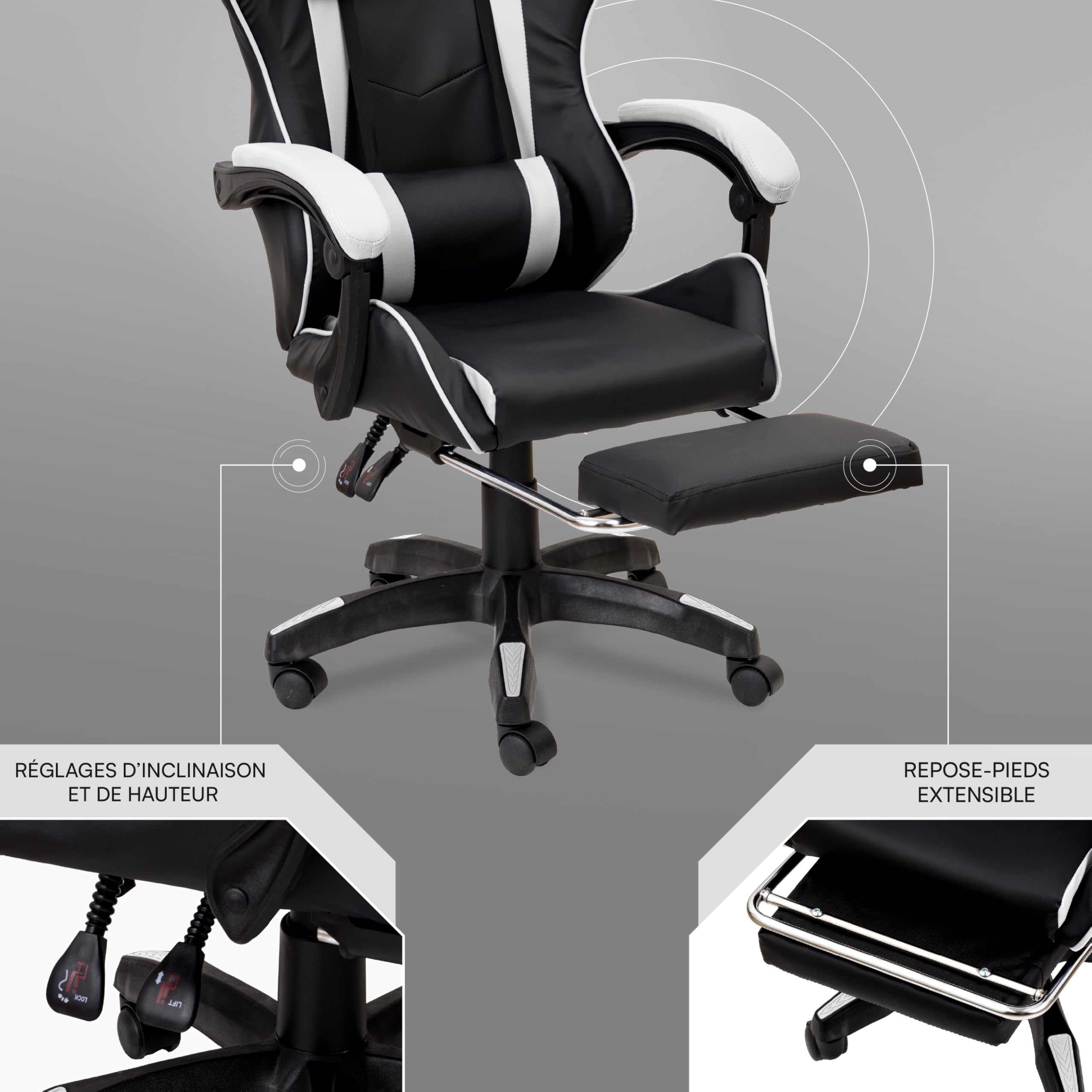 Baroni Home Chaise Gaming avec Dossier Ergonomique Reclinable et Hauteur Ajustable, Chaise de Bureau avec Support Lombaire, Repose-tête Mousse et Repose-Pieds Extractible, Blanc, 58x66x114-124 cm