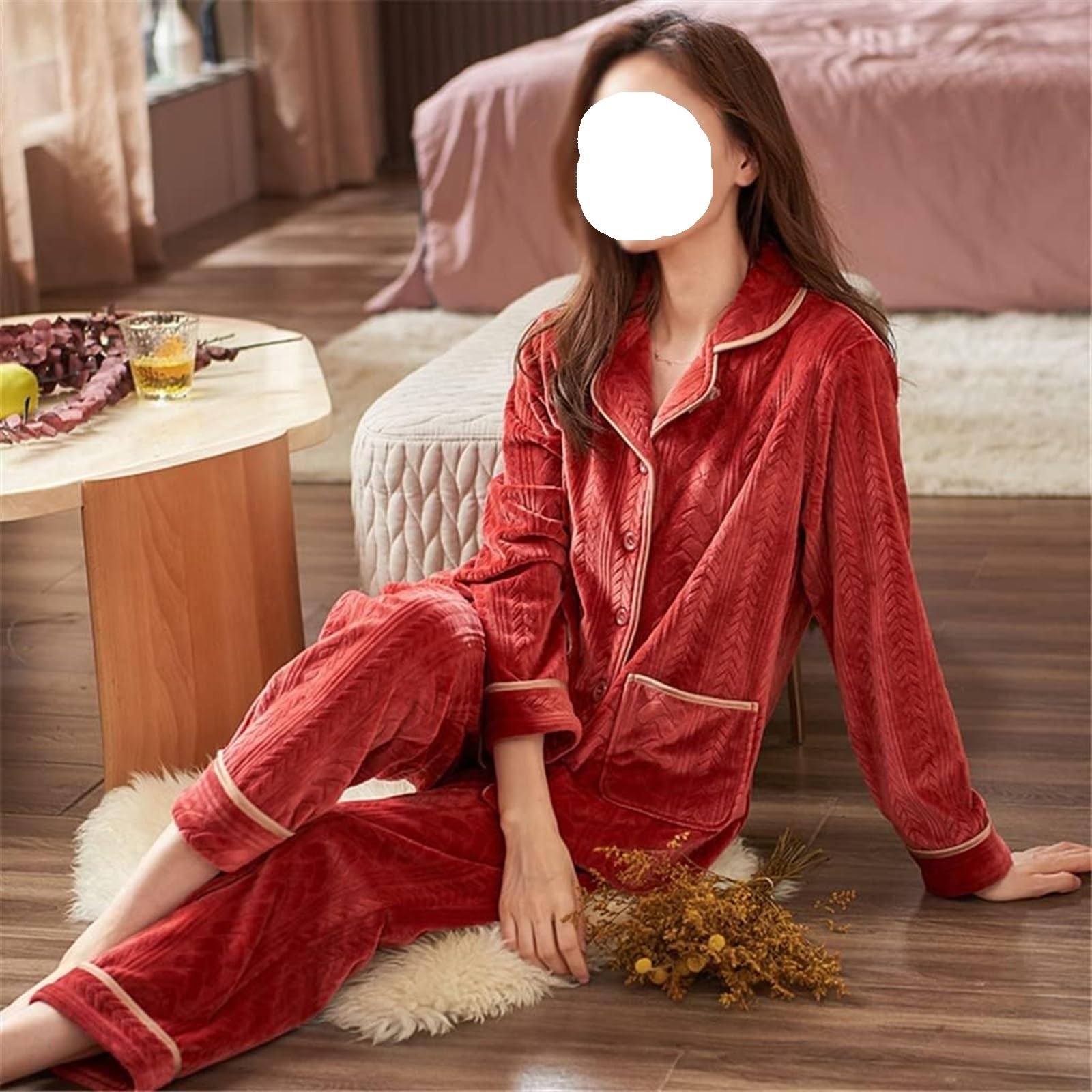 Bata de Casa Conjunto De Pijamas Cálidos Invierno Para Mujer, Ropa Dormir Gruesa Manga Larga, Pantalones Completos, Casa Bathrobe