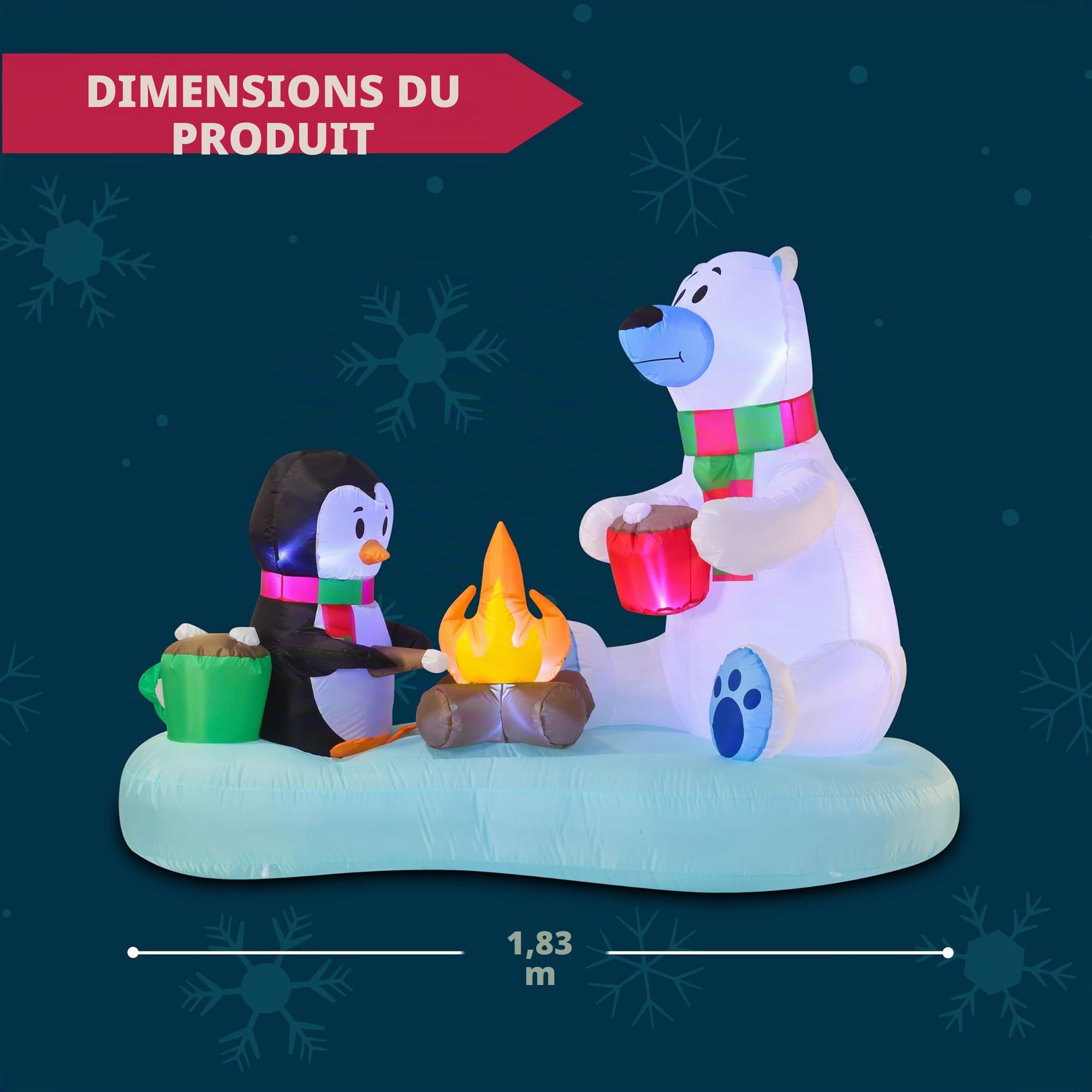 Joiedomi Ours polaire et pingouin gonflable de 1,8 m de long avec décoration de feu de camp, décoration de Noël gonflable avec LED intégrées pour fête de Noël, pelouse, décoration d'hiver