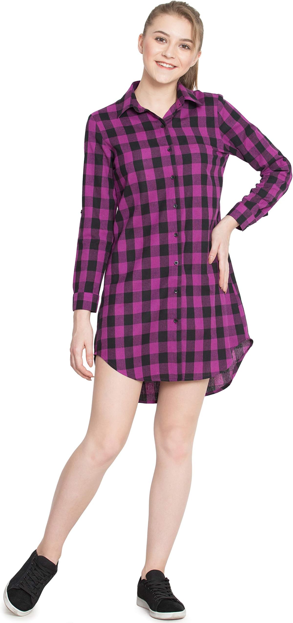 Hive91 Purple Checkered Shirt Dress for Wome, Roll Up Sleeve, Made by Cotton Fabric
